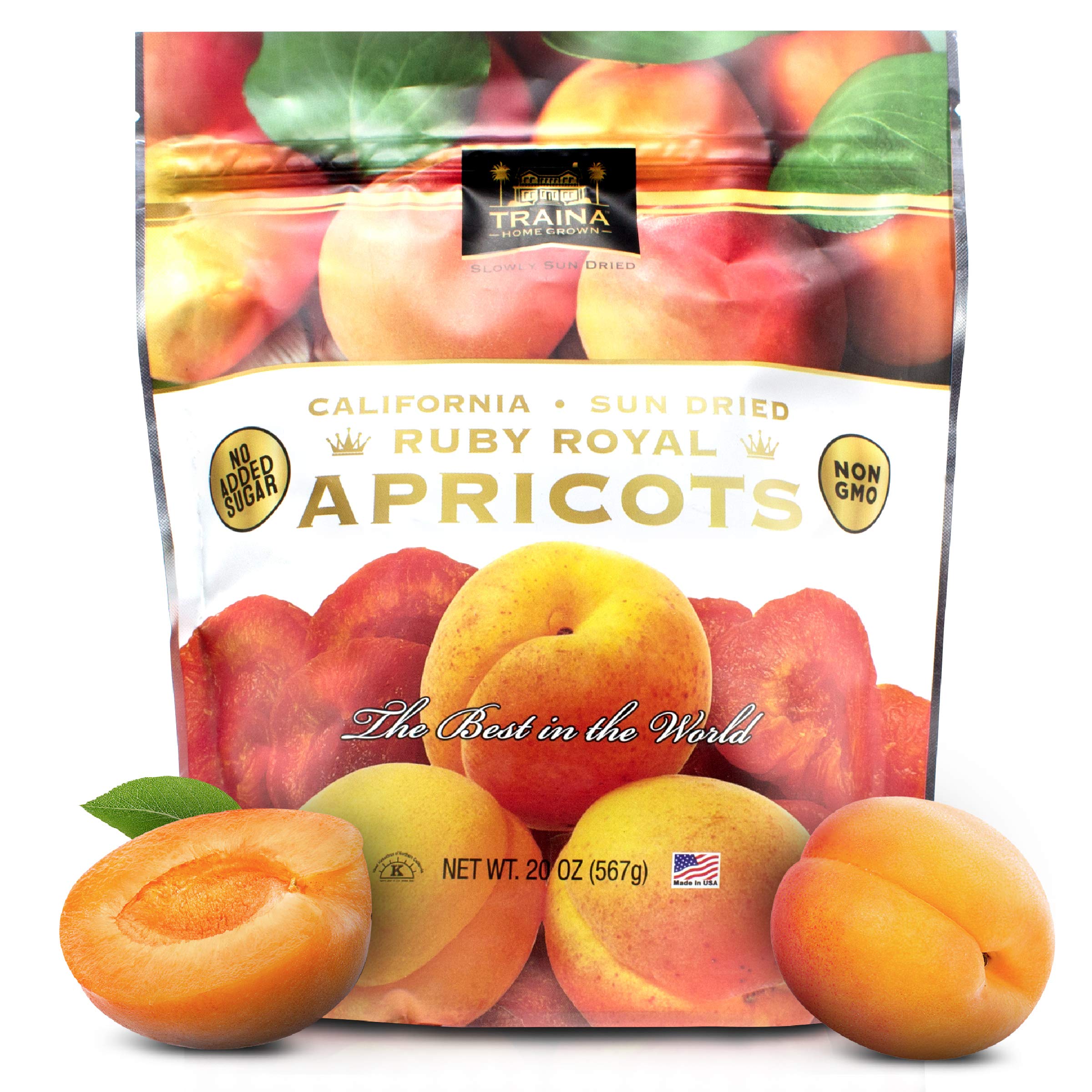 Traina Home Grown California Sun Dried Fancy Ruby Royal Apricots - Healthy, No Sugar Added, Non GMO, Gluten Free, Kosher Certified, Vegan, Value Size (20 oz)