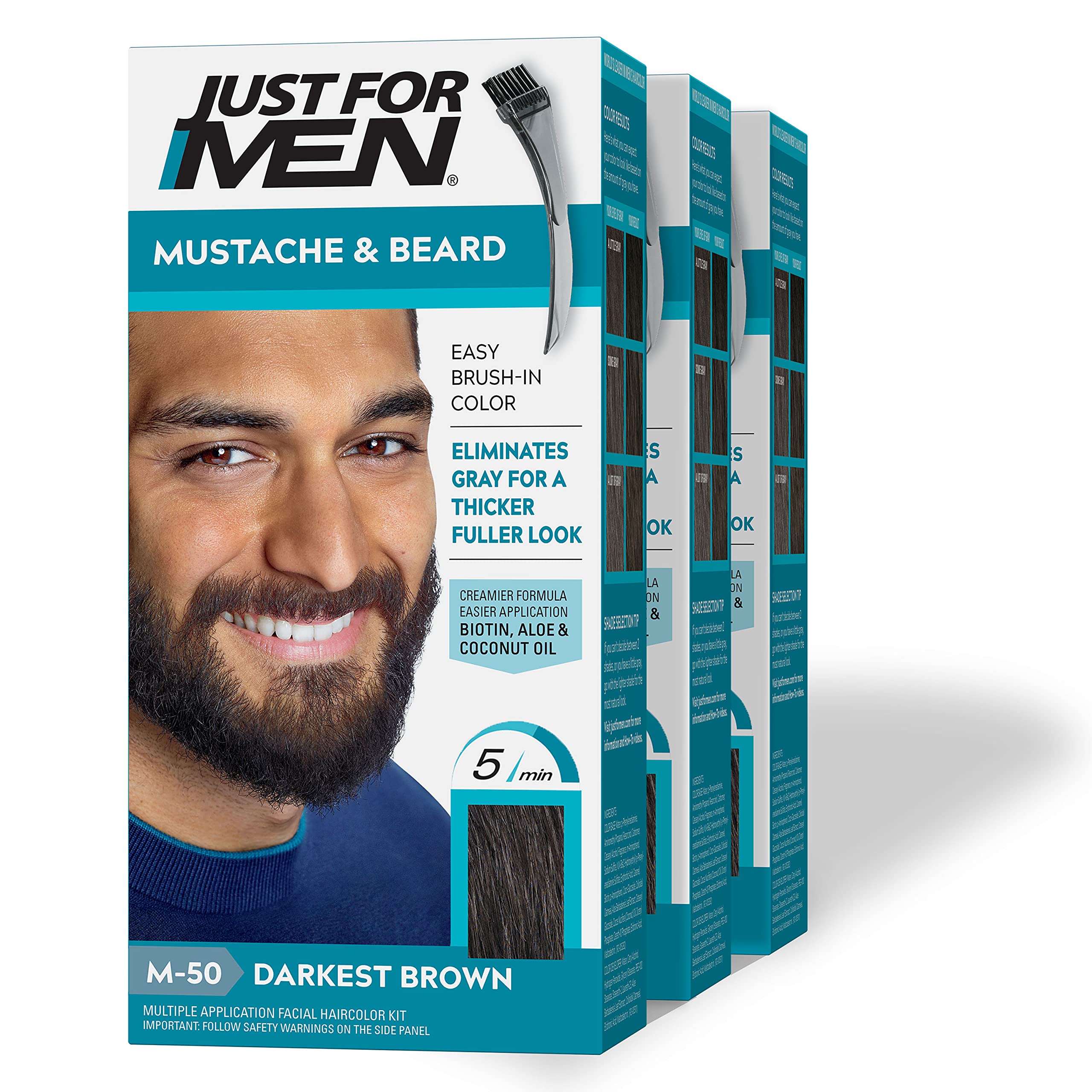 Just For Men Mustache & Beard, Beard Dye for Men with Brush Included for Easy Application, With Biotin Aloe and Coconut Oil for Healthy Facial Hair - Darkest Brown, M-50, Pack of 3