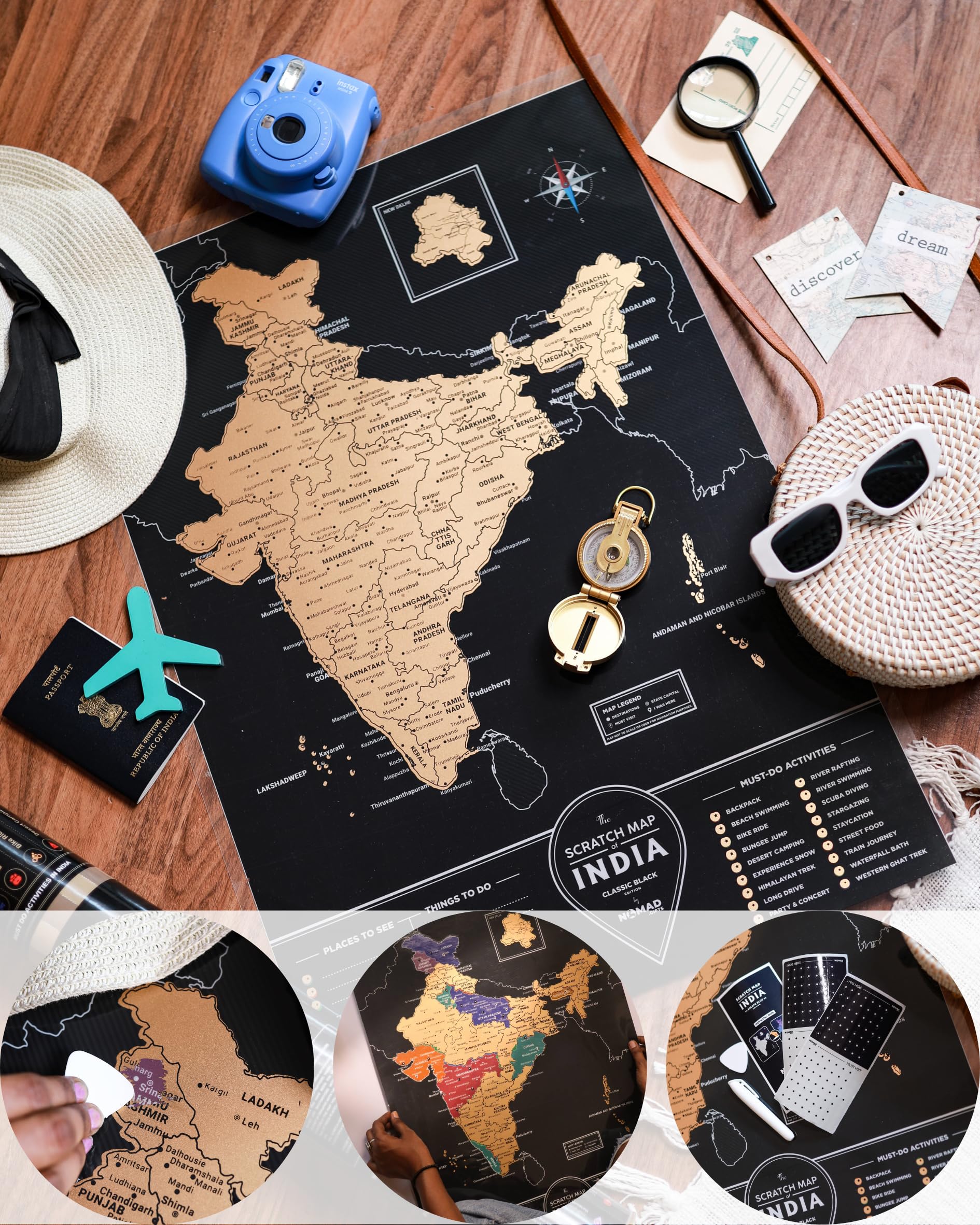 India Travel Scratch Map - Classic Black Edition | Travel Gifts | Travel Journal Altrenative | 50 x 60 cm | Premium Gift w/ Shrimmering Scratch Layer