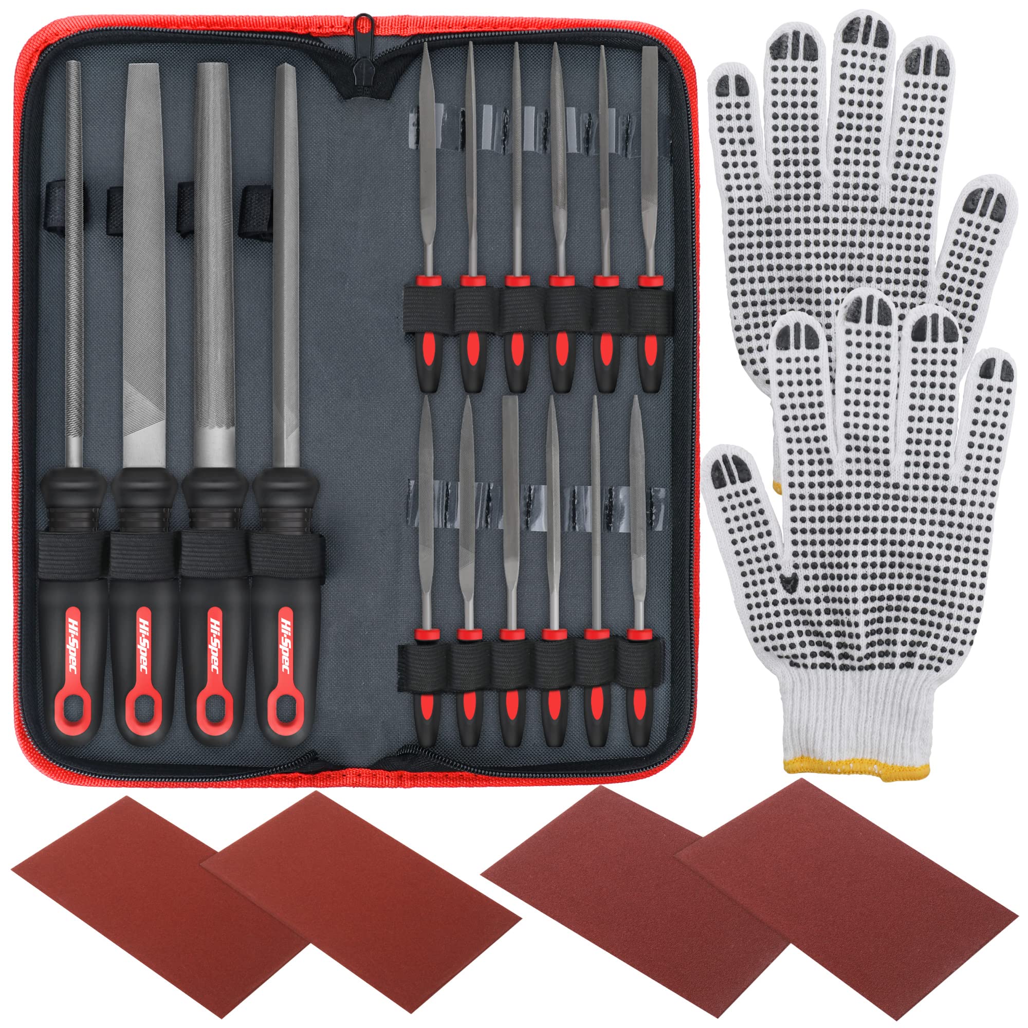 Hi-Spec16 Piece File Set Metal Hand & Needle File Tool Kit. Large & Fine Micro Steel Files. Flat, Half, Round & Triangle for Crafts, Metal & Wood Work. All in a Big Zipper Case