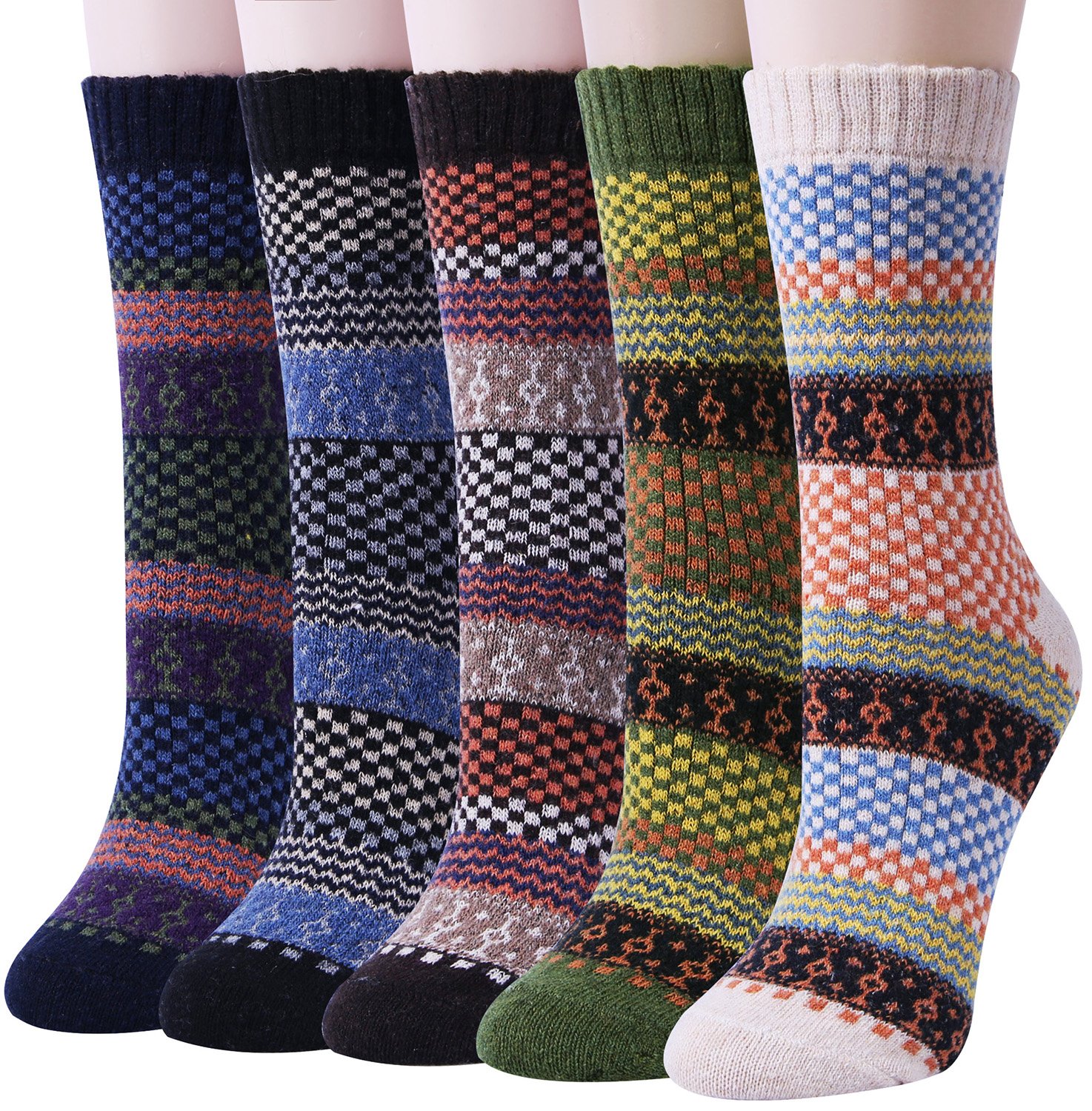 Pack of 5 Womens Winter Socks Warm Thick Knit Wool Soft Vintage Casual Crew Socks Gifts