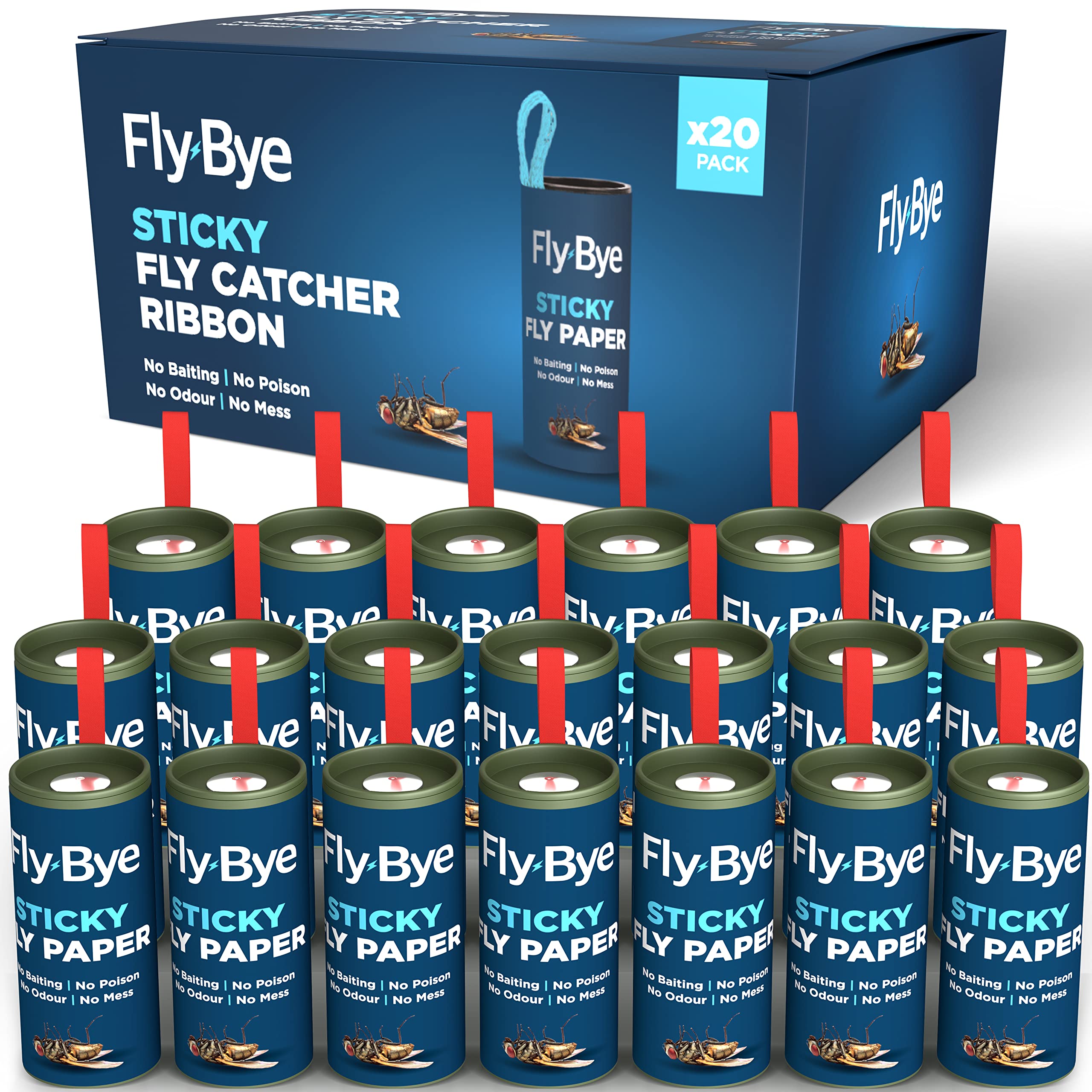 Fly-Bye - 20x Fly Catcher Ribbons - Fly Catcher Indoor - Fly Trap - Fly Paper - Fruit Fly Trap - Sticky Fly Trap - Fly Traps Indoor for Home Use - No Poison/Odour - Environmentally Friendly - 20 Pack