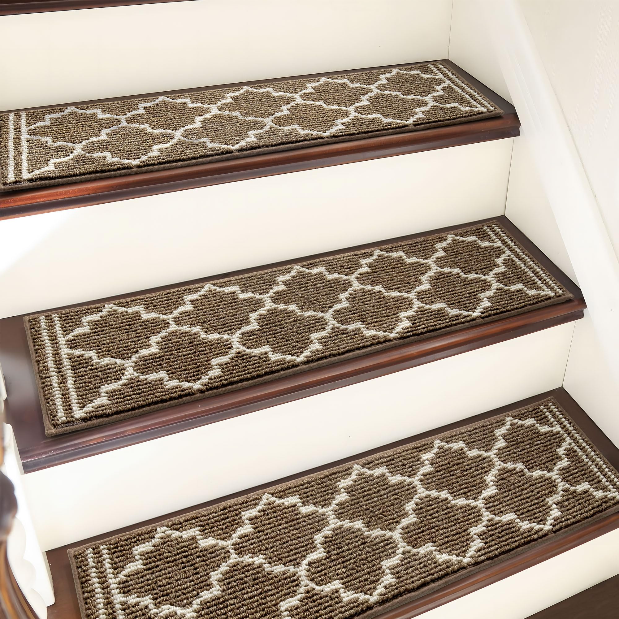 Non-Slip Carpet Stair Treads, 8"x30" 15pcs Stair Treads for Wooden Steps Indoor, Non-Skid Safety Rug for Elder, Stair Rugs for Pet Dogs and Indoor Stair Runner, Brown