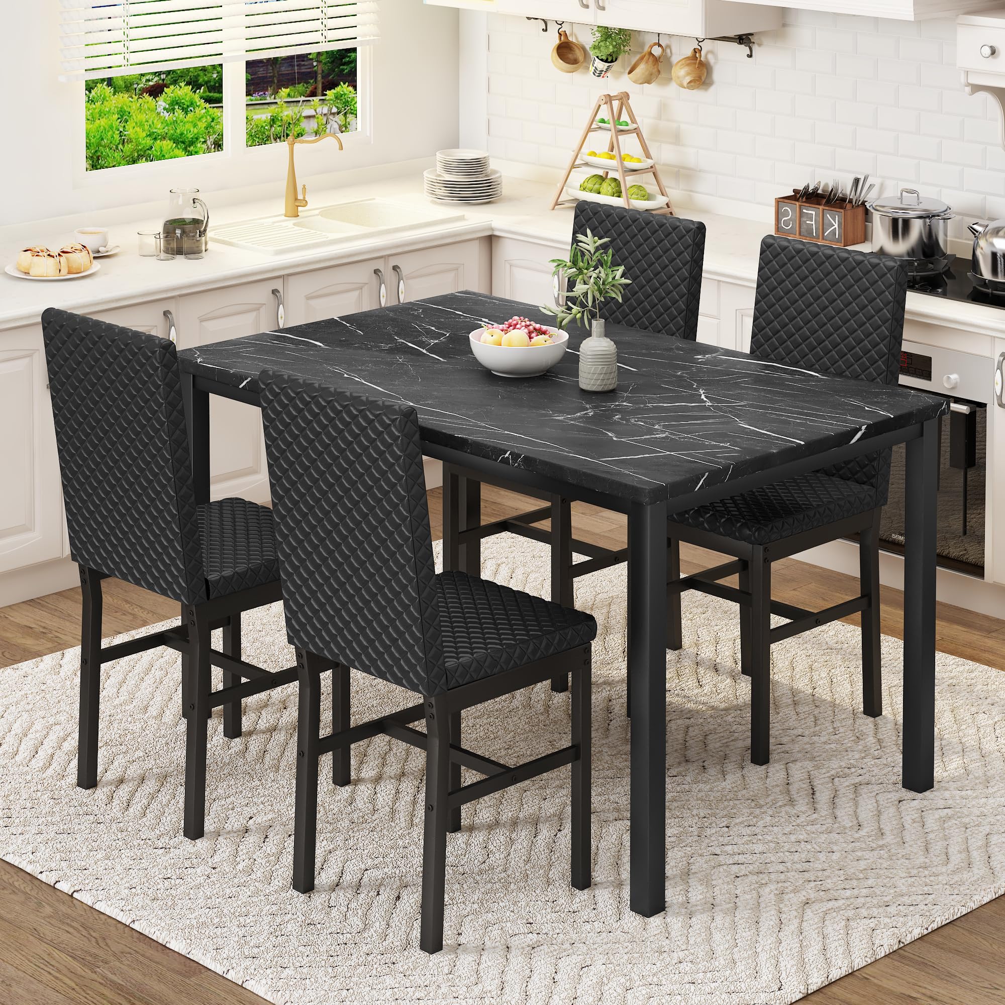 HOOSENG Dining Table and Chairs Set 4, Kitchen Table Set for 4, Faux Marble Dinner Table Set with 4 Upholstered PU Leather Chairs, Dining Room Table Set for Small Space Apartment, Black & Black