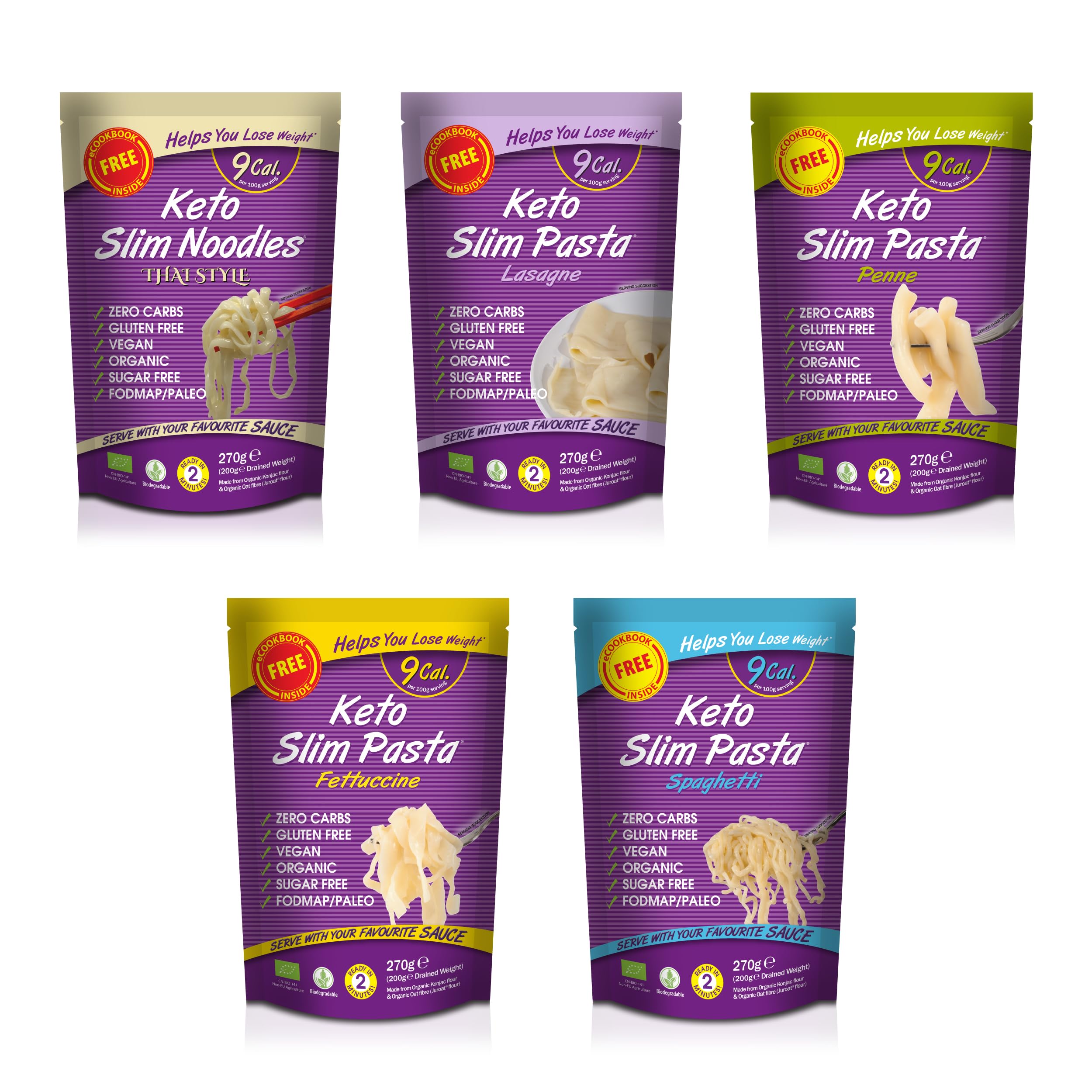 Eat Water Slim Konjac Pasta Fettuccine, Penne, Spaghetti, Lasagne & Thai Style Noodles (1 of Each, 270 Grams Each) | Low Calorie, Keto Paleo Diet & Vegan Food