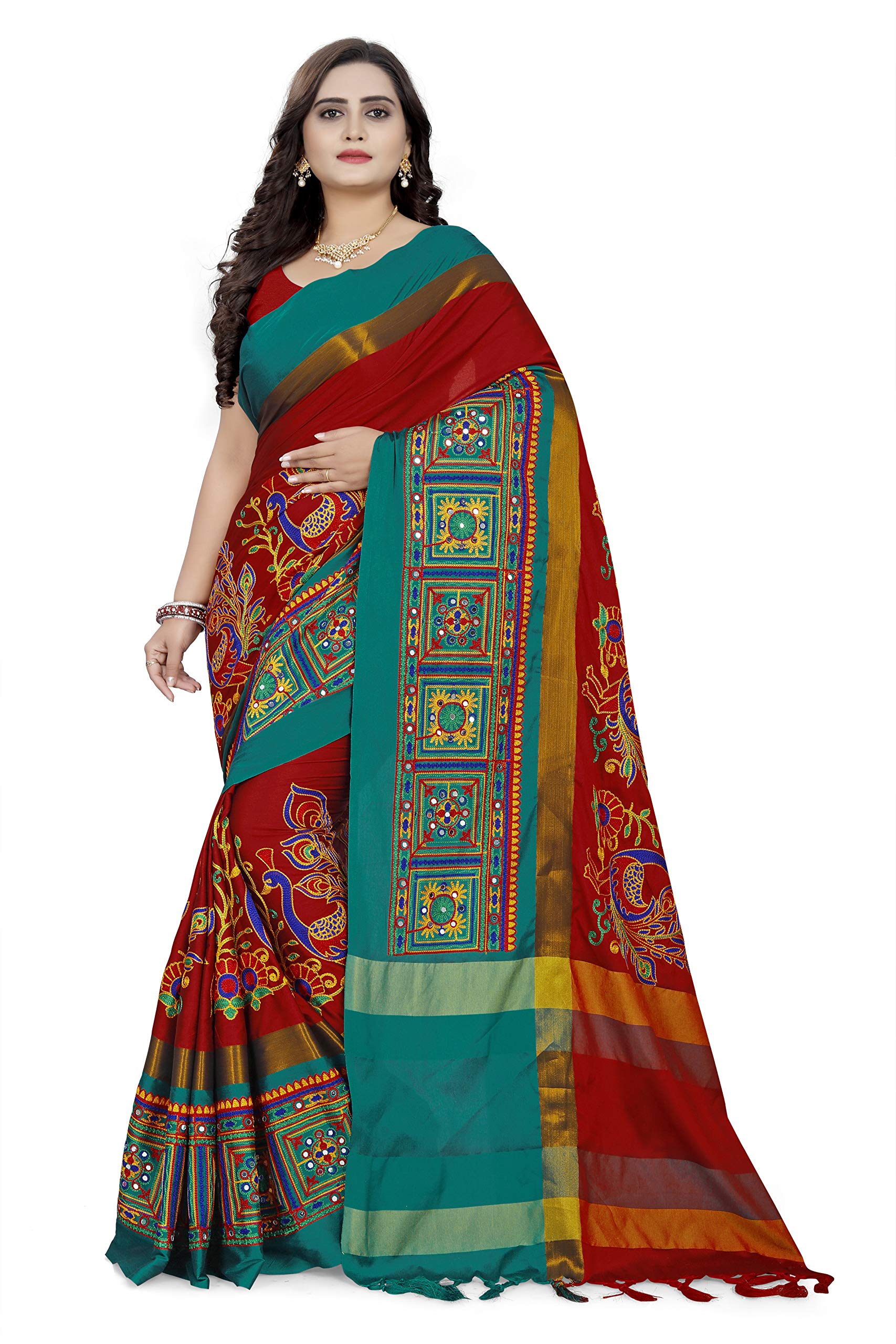 arriva fabWomen's Cotton Silk Heavy Kutchi Work with Peacock Design Embroidered Saree (Riva732_, Red)