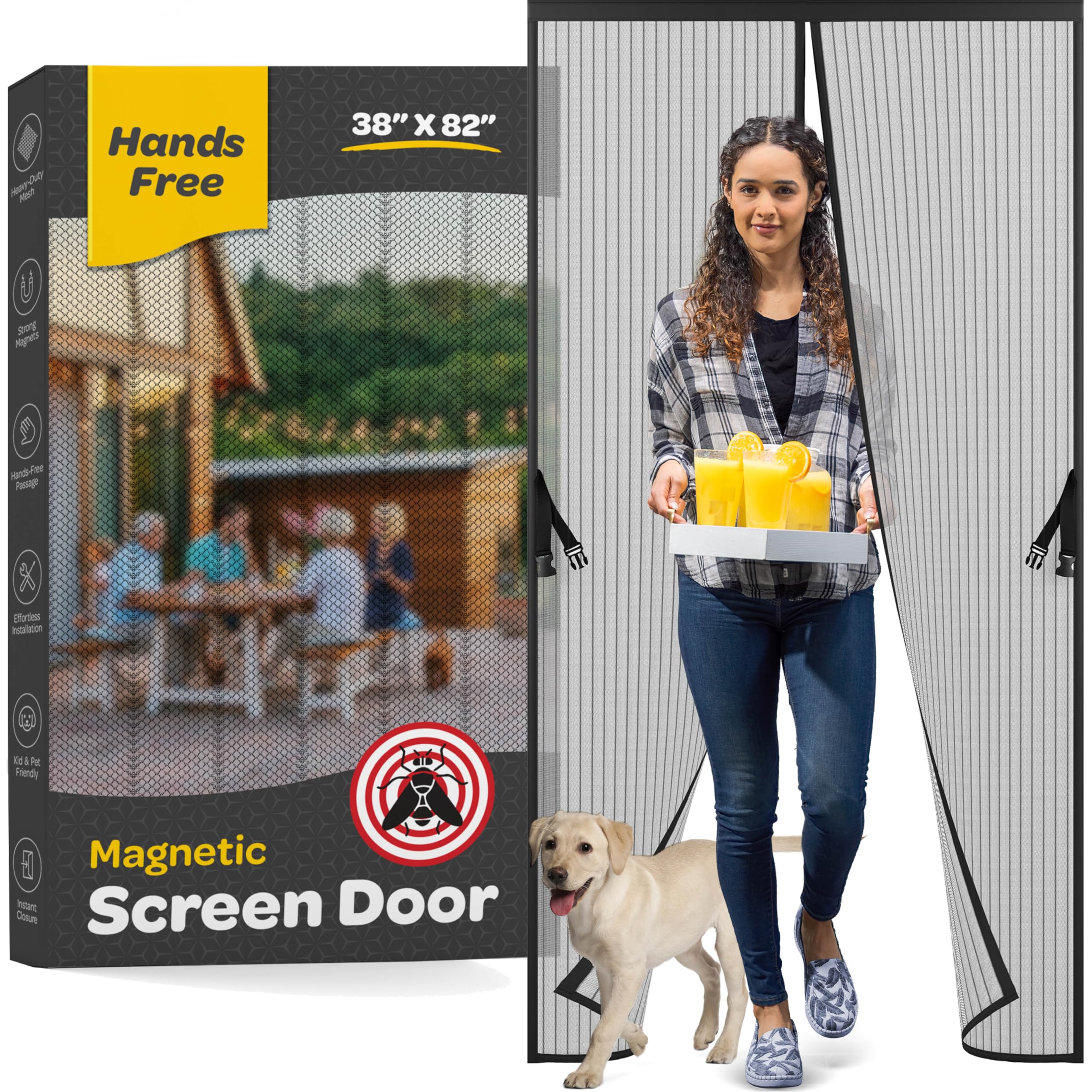 Magnetic Screen Door, Hands-Free Kid/Pet-Friendly Walk Through - Self Magnetic Closure Screen Door Mesh, Stay-Open Option with Buckles - Keeps Bugs Out Lets Breeze in, Fits Door Size (39.4" x 82.7")