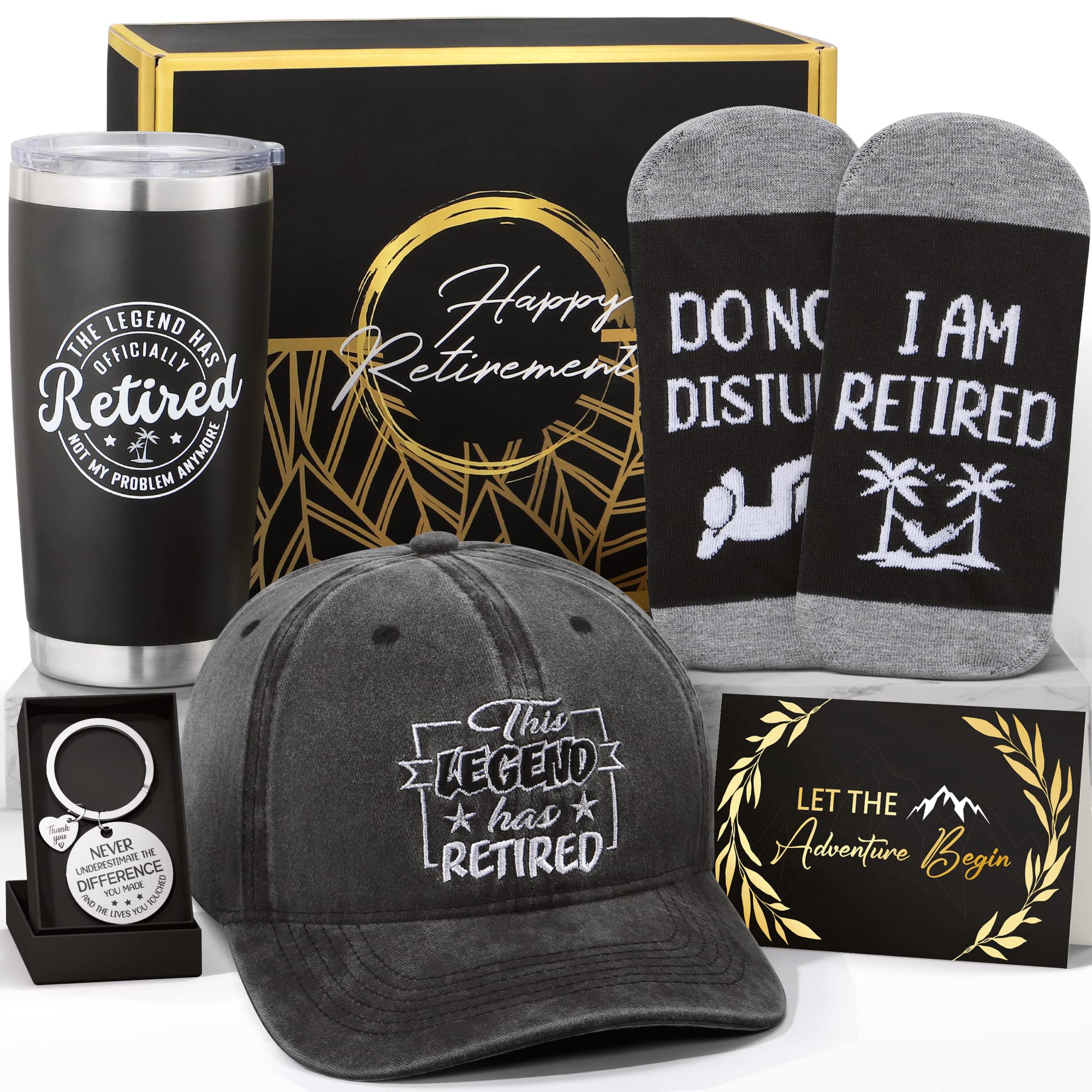 Retirement Gifts for Men 2024, Happy Retirement Gifts for Coworker, Teachers, Boss, Friends, Dad, Grandpa, Retirees, Best Retirement Gifts Set Funny Retired Gifts Basket with Wine Tumbler Baseball Cap