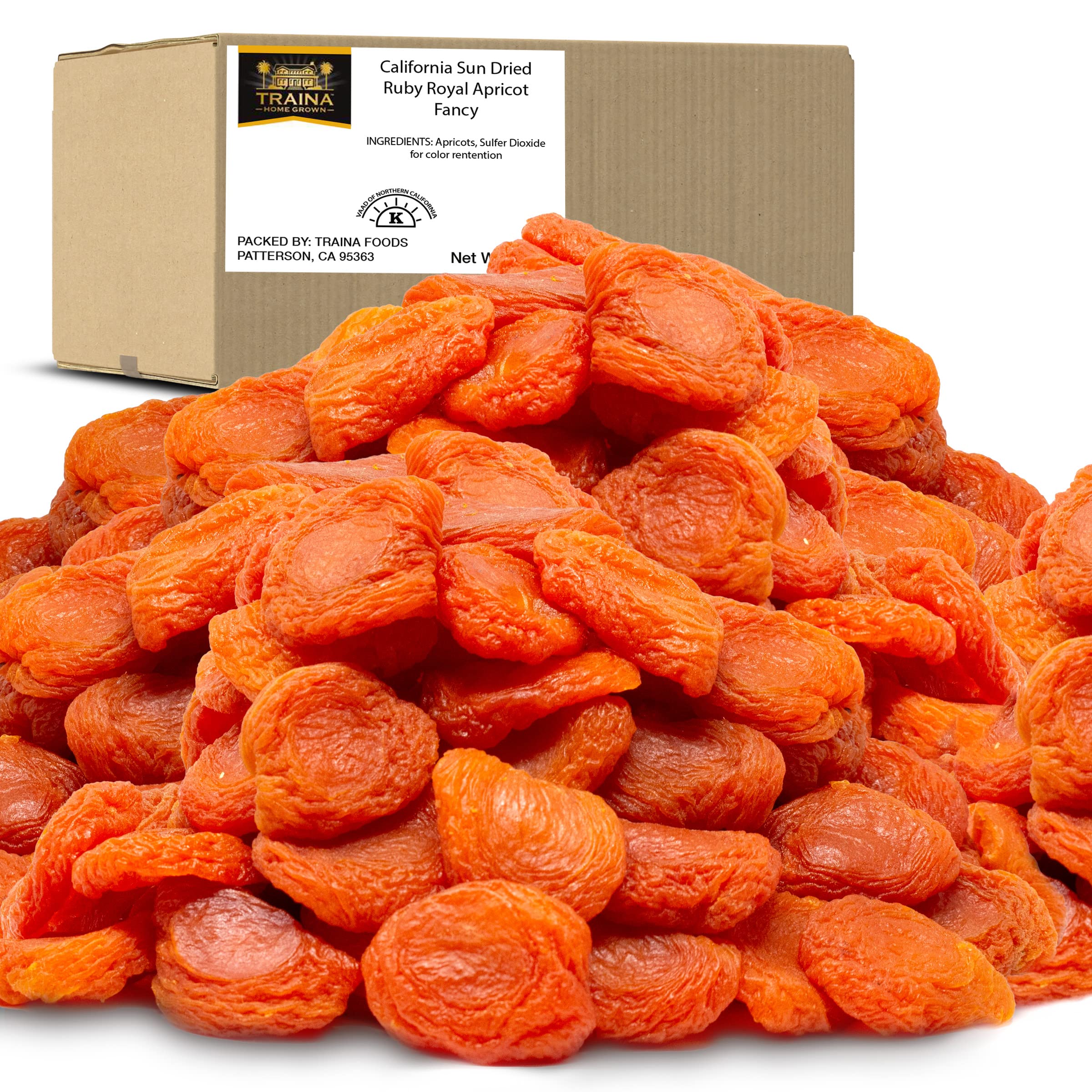 Traina Home Grown California Sun Dried Fancy Ruby Royal Apricot Halves - SEASONAL/LIMITED - Healthy, No Sugar Added, Non GMO, Gluten Free, Kosher Certified, Vegan, Value Size (5 lbs)