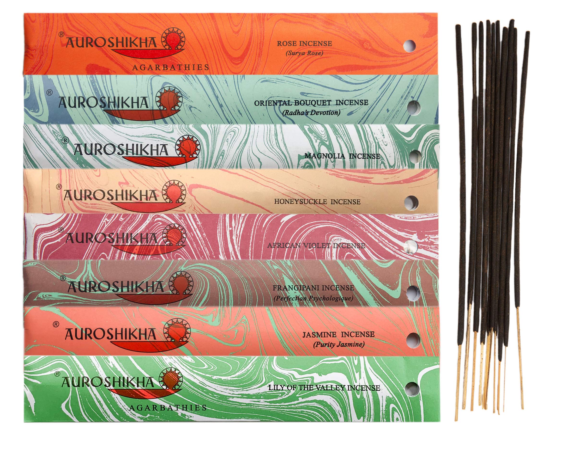 Auroshikha Incense Sticks Sampler ~ The Florist ~ with Surya Rose, Oriental Bouquet, Magnolia, Honeysuckle, African Violet, Frangipani, Jasmine, Lily of The Valley