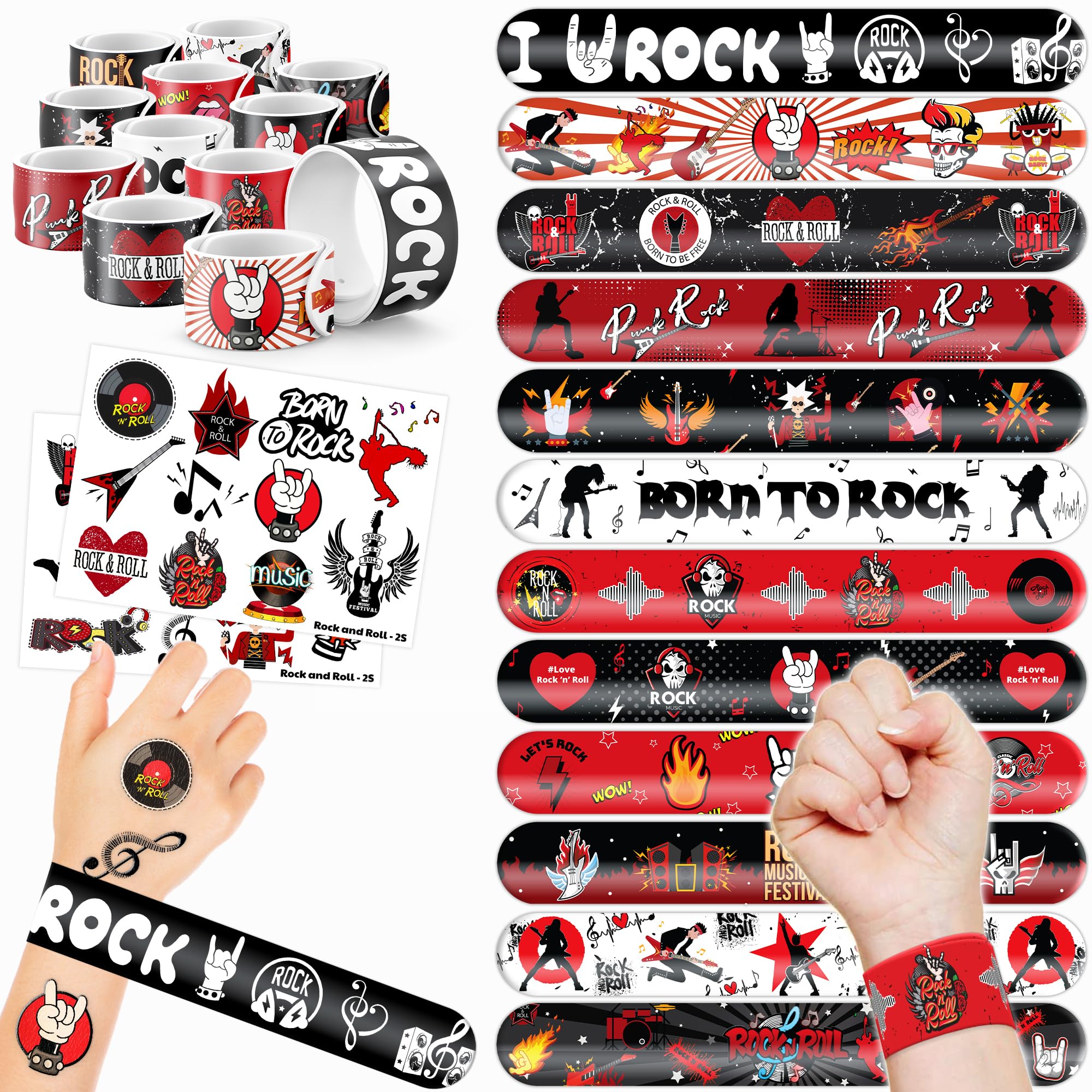 48 PCS Rock and Roll Party Favors 24PCS Tattoos Stickers 24PCS Slap Bracelets Wristbands Perfect for Themed Birthday Baby Showers or Classroom Rewards Ideal Decor and Gifts for Girls and Boys