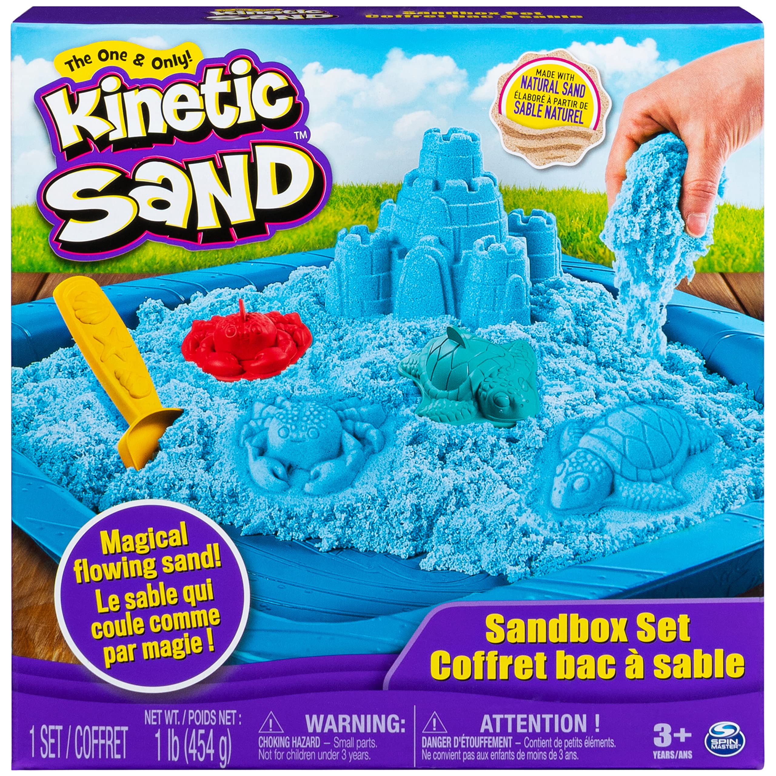 Kinetic Sand, Sandbox Set Kids Toy with 1lb All-Natural Blue and 3 Molds, Sensory Toys for Kids Ages 3 and Up