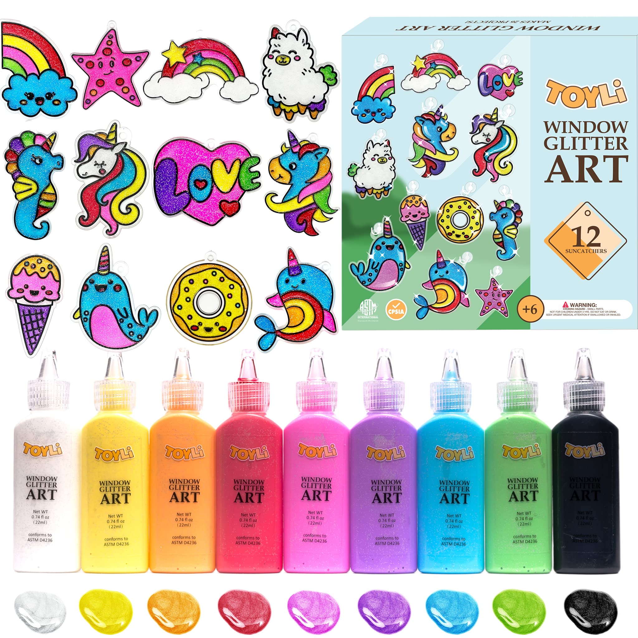 TOYLI Window Glitter Painting Kids Arts and Crafts Creative Set, 26 Suncatchers Kit,Gifts for Boys,Girls Ages 5,6,7,8,9,10 DIY, Great Home Birthday Party Idea, Your Own Fun Painting Activity NON Toxic