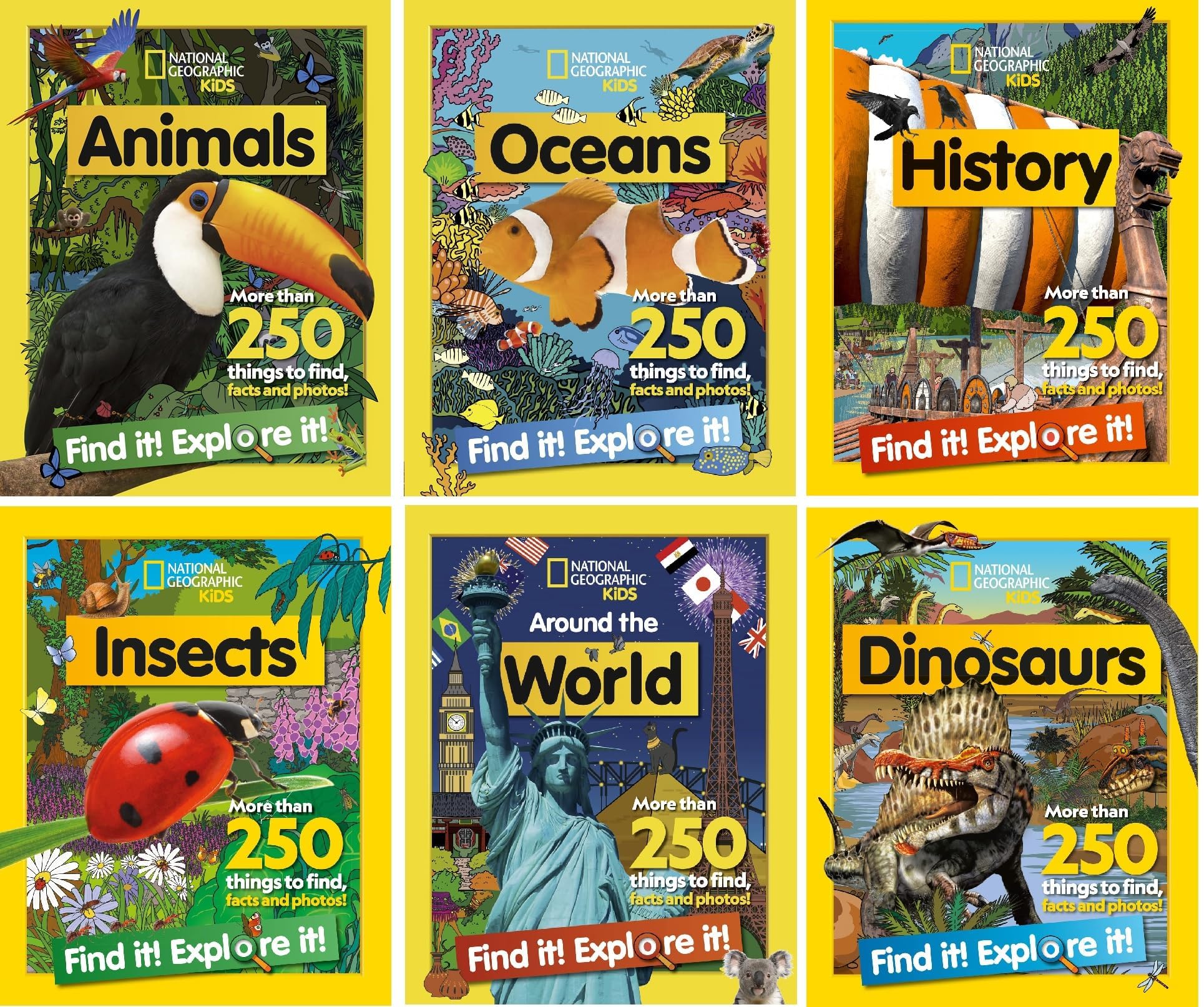 National Geographic Kids Find it! Explore it! 6 Books Collection Set(Animals, Oceans, History, Insects, Around the World & Dinosaurs) ( More Than 250 Things to find,Facts and Photos!)