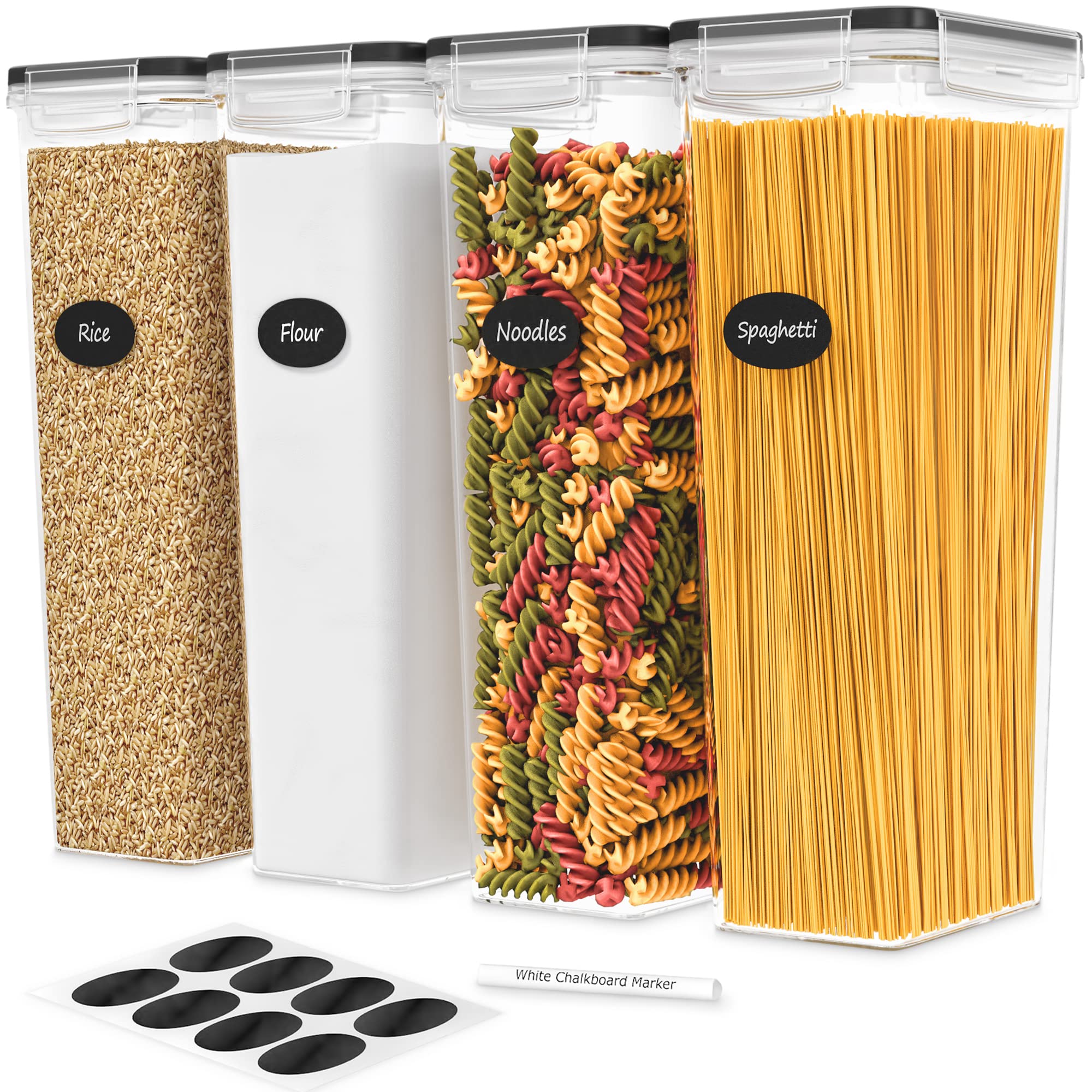 DWËLLZA KITCHEN Pasta Storage Containers for Pantry Airtight - 4 Pc Spaghetti Container Storage - Ideal for Spaghetti & Noodles, Kitchen Pantry Organization and Storage - Keeps Food Fresh & Dry