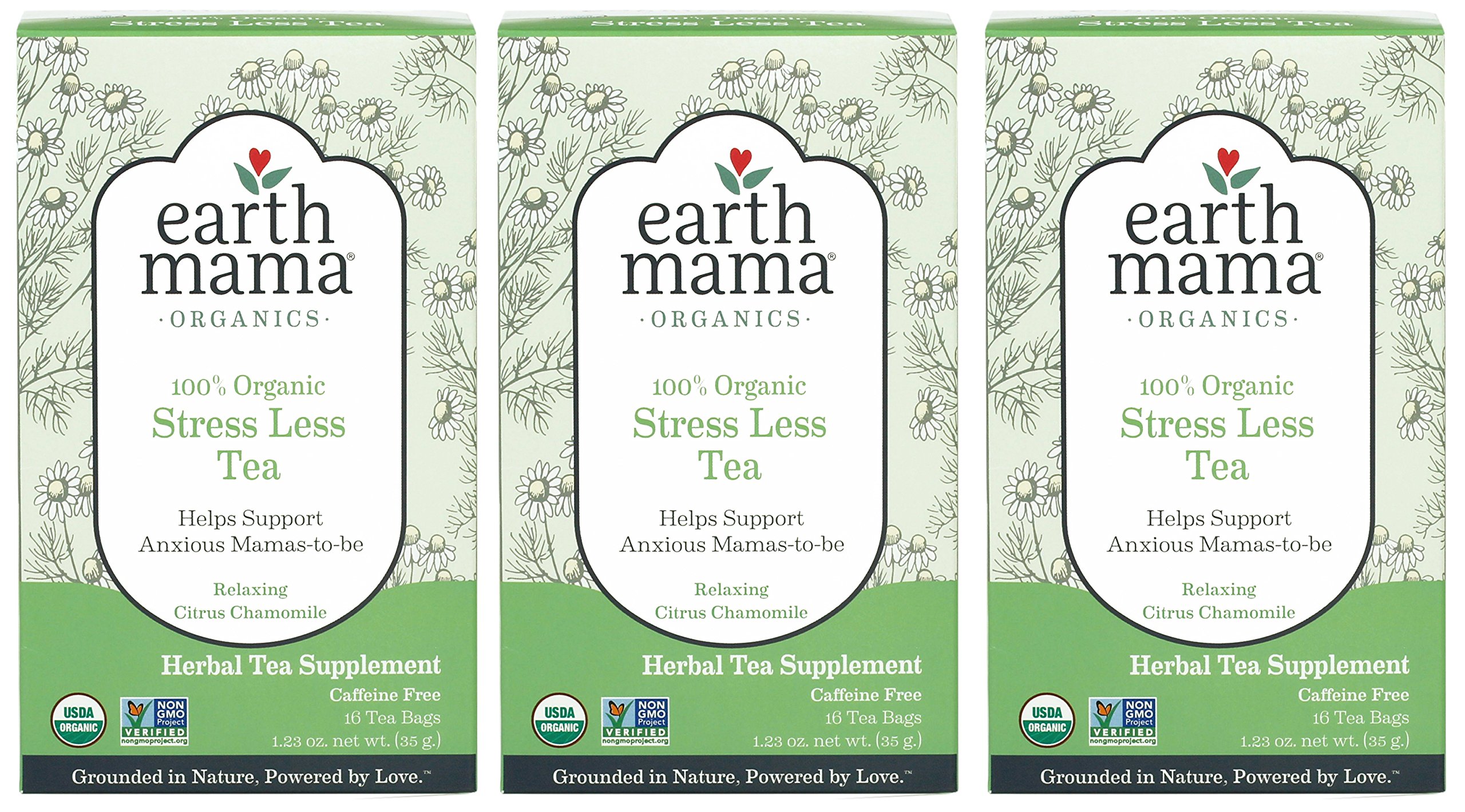 Earth MamaOrganic Peaceful™ Tea | Stress Less! Calming, Relaxing Herbal Blend Safe for Pregnancy & Beyond, 16 Teabags Per Box (3-Pack)