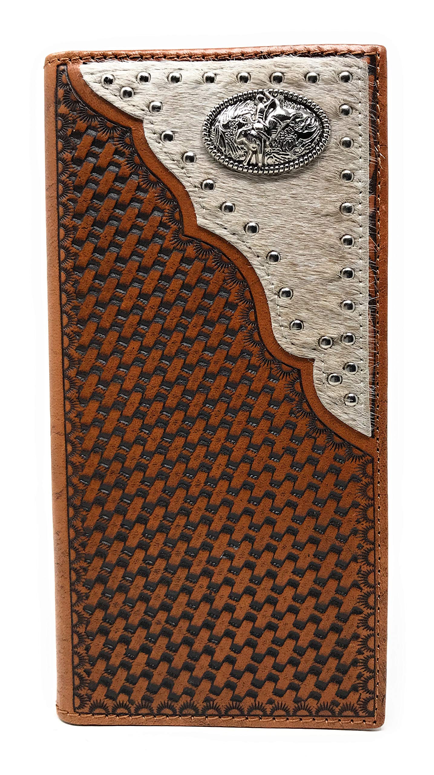 Western Genuine Leather Cowhide Cow fur Basketweave Rodeo Men's Long Bifold Wallet in 3 colors (Brown) (Brown)