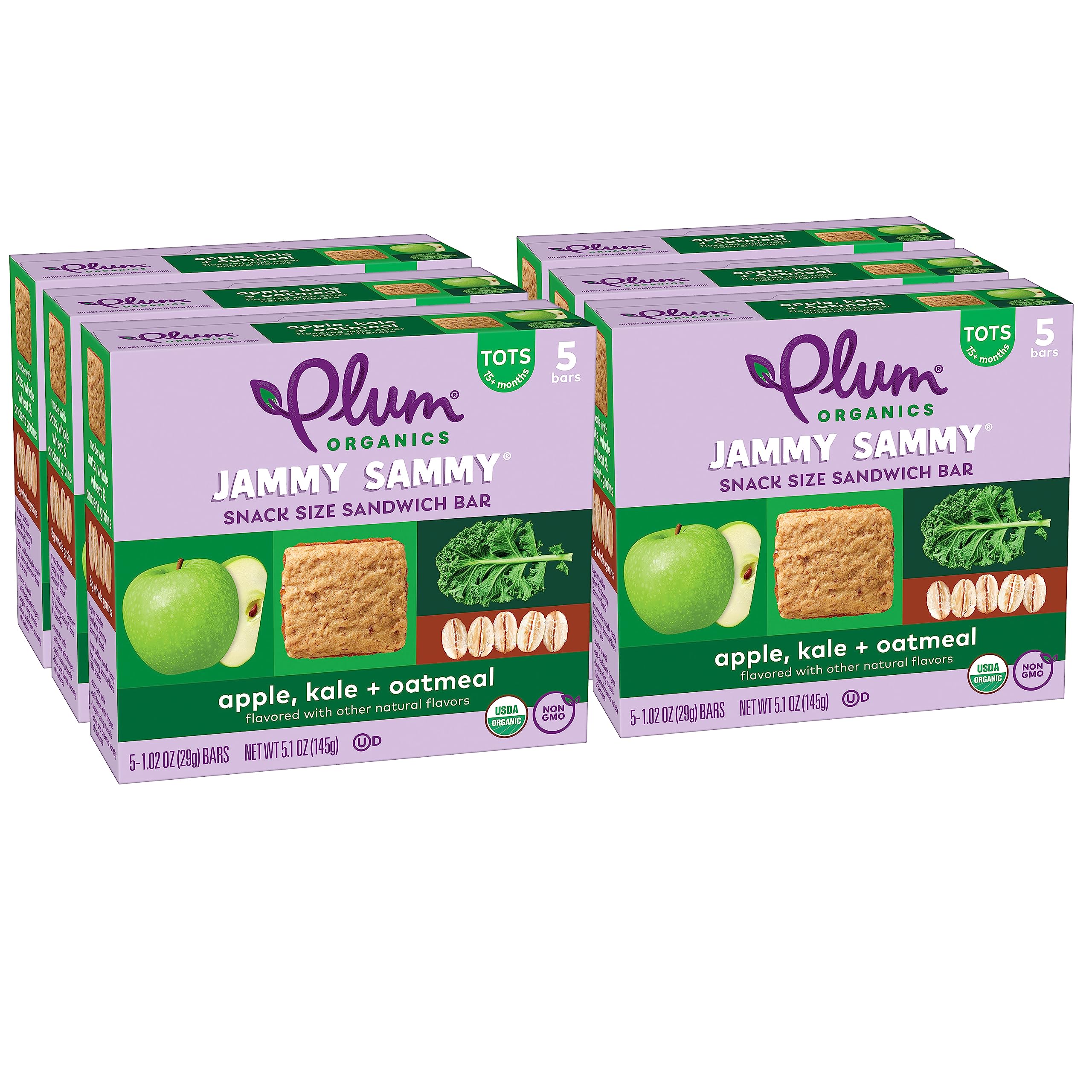 Plum Organics Jammy Sammy Snack Bars - Apple, Kale, and Oatmeal - 1.02 oz Bars (Pack of 30) - Organic Toddler Food Snack Bars