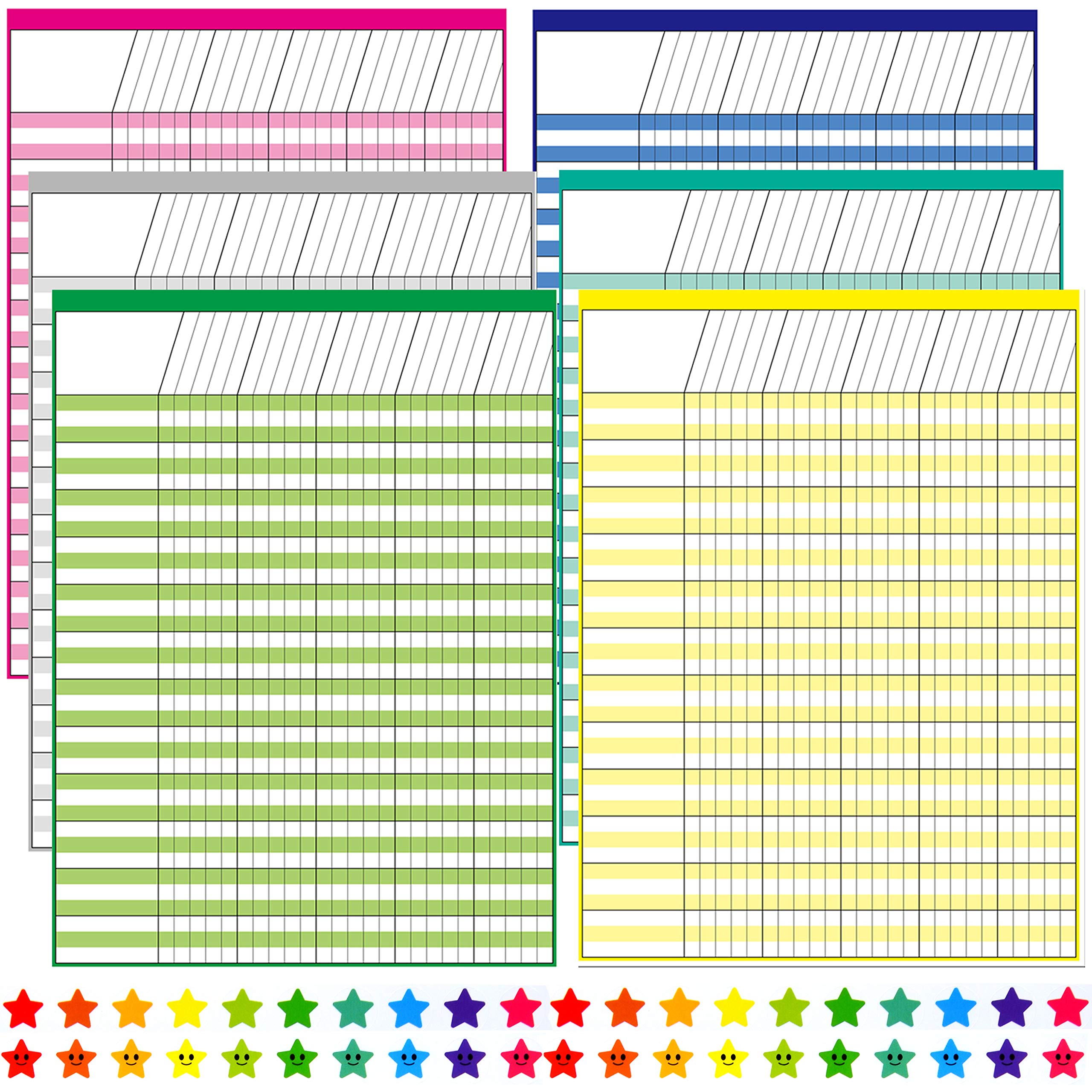 Youngever 6 Pack Multi-Color Laminated Dry Erase Incentive Chart with 120 Reward Star Stickers for Chore Responsibility, School Attendance, Homework Progress Tracking Chart (17 Inch x 22 Inch)