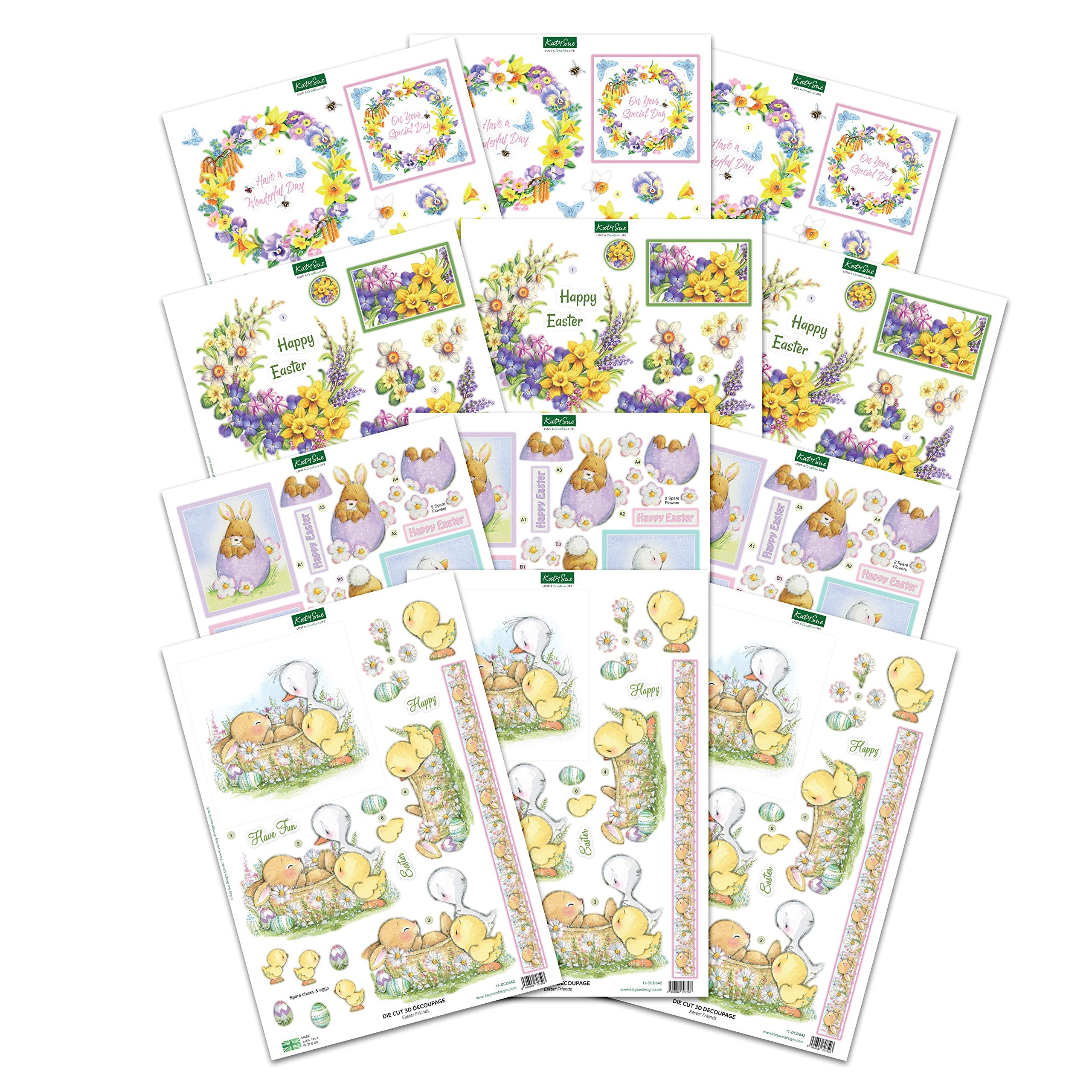 Katy Sue Spring & Easter Paper Tole 3D Die Cut Decoupage Pack. Contains 12 Die-Cut Sheets in Letter Size (4 Designs, 3 Copies of Each Design) - for Spring & Easter-Themed Card Making & Crafts.