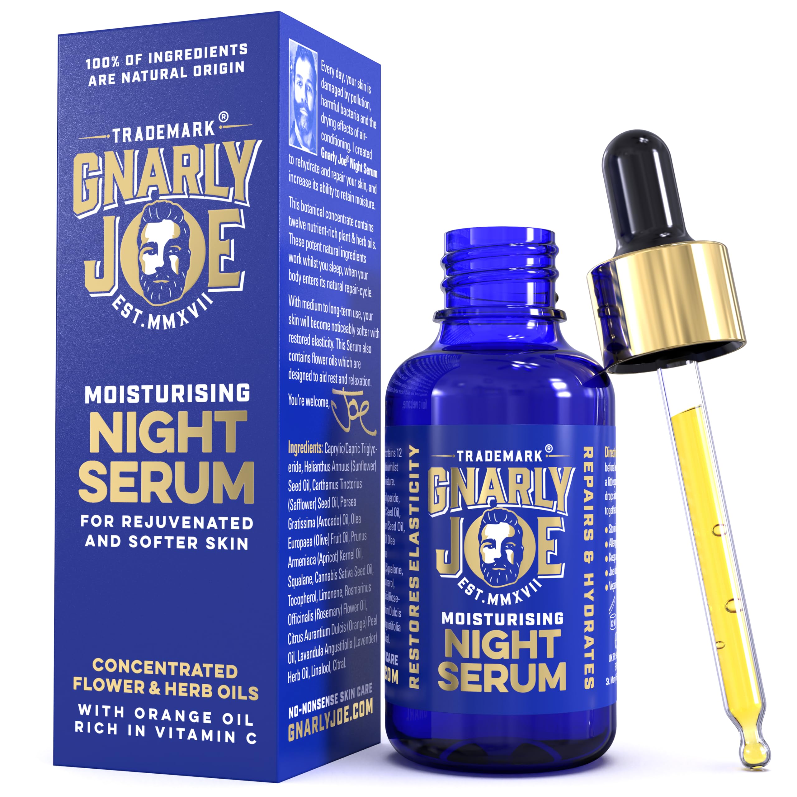 Gnarly Joe Night Serum. Concentrated Face Moisturiser for Men. Natural Ingredients. 30ml Bottle Lasts 2-3 Months. Contains Orange Oil, Rich in Vitamin C.