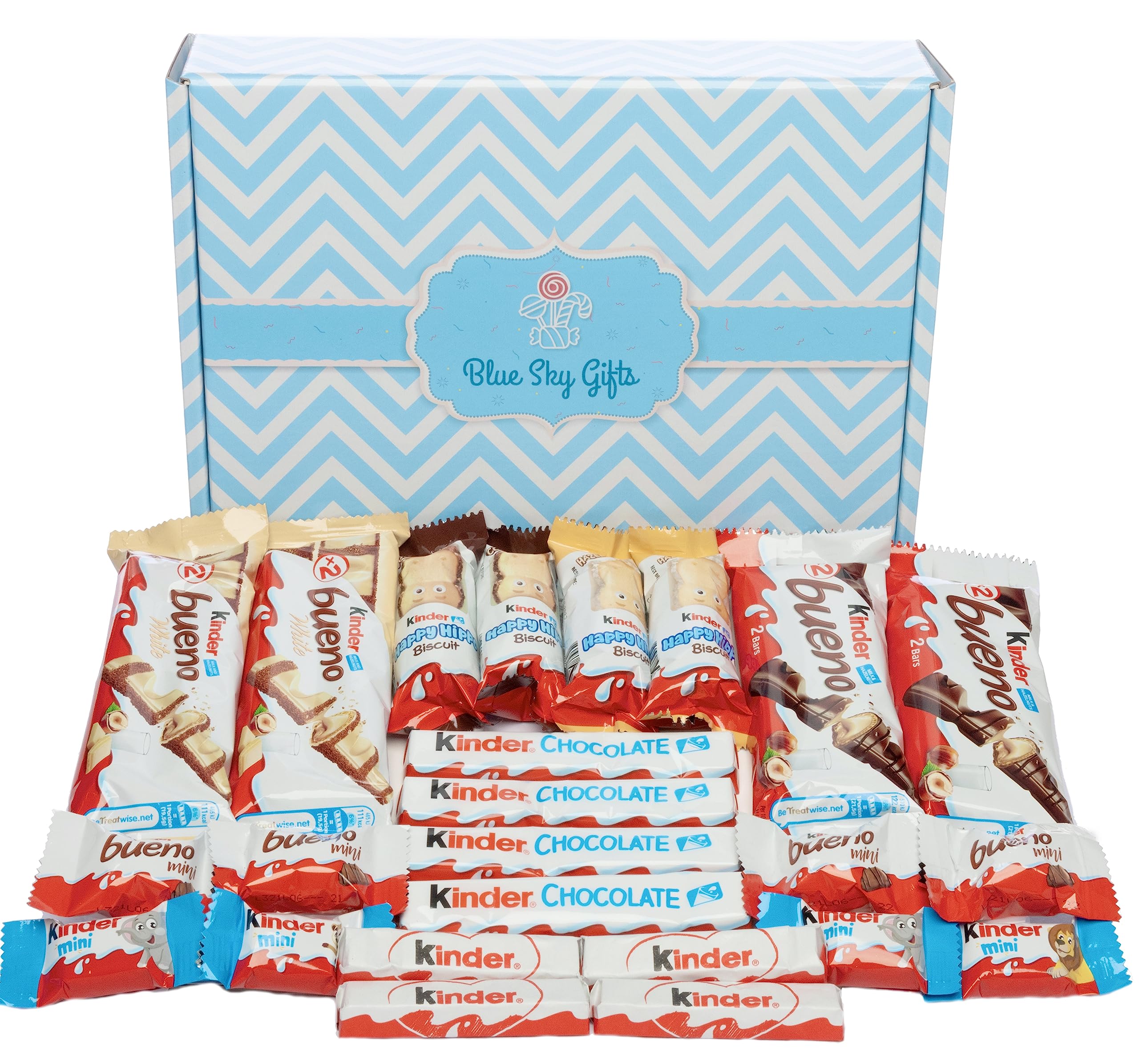 Kinder Chocolate Gift Box, The Perfect Chocolate Hamper, Kinder Bueno Sweets Gift Box for All Occasions packed with favourite kinder from happy hippos to Kinder Mini’s and many more.