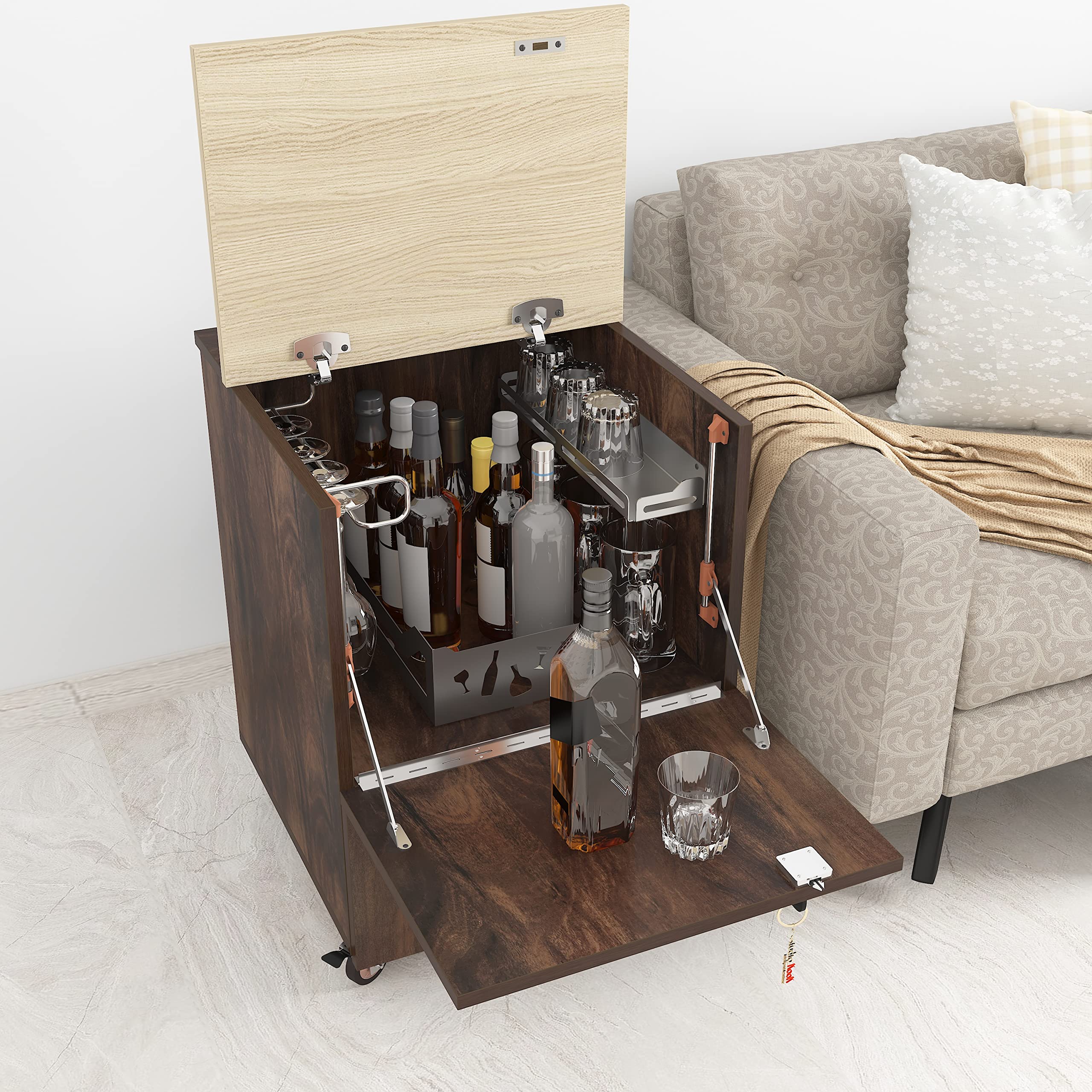 Studio Kook Curio Mini Bar on Wheels | Engineered Wood Bar Cabinet (Junglewood, Matte Finish)