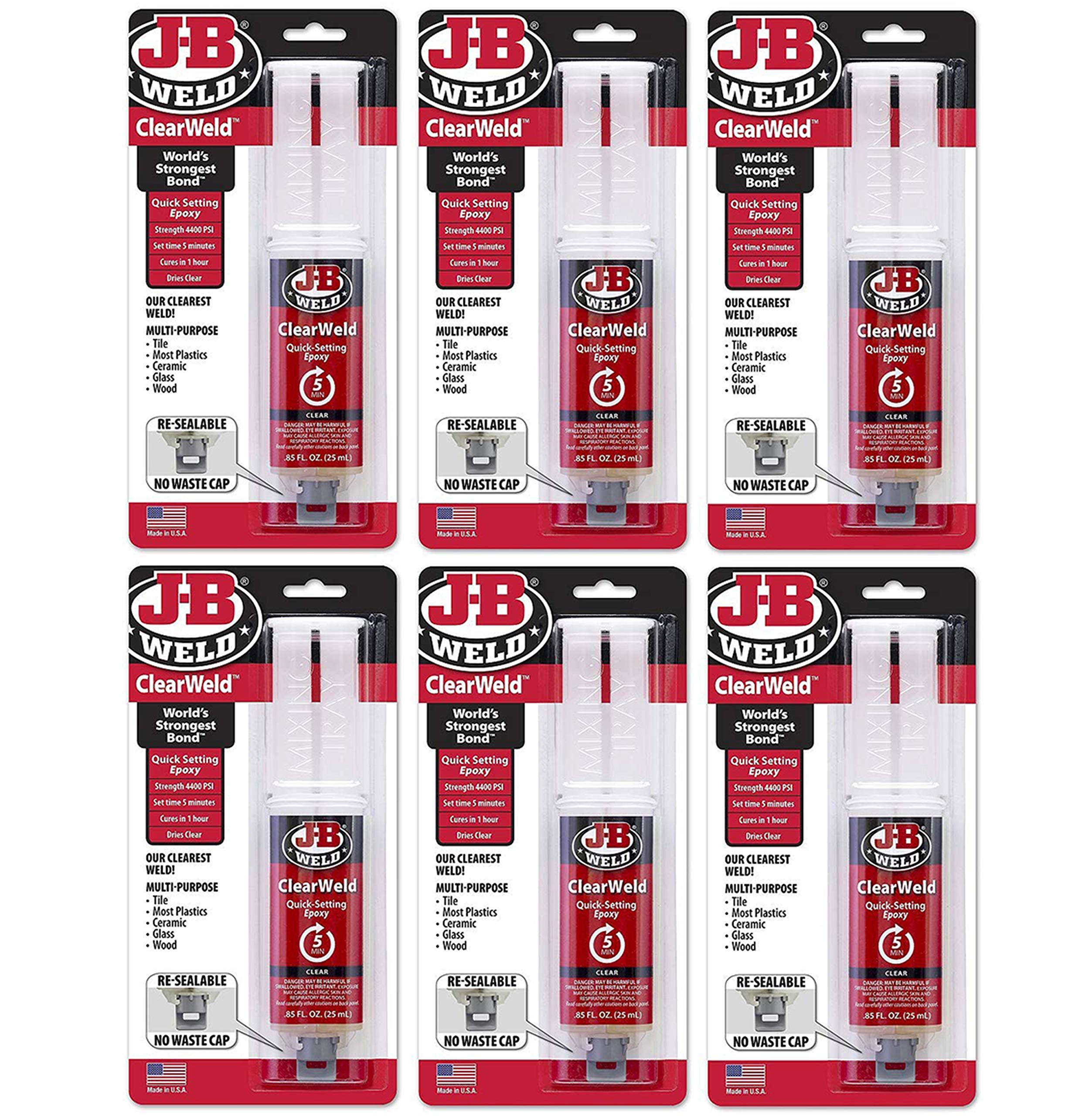 J-B Weld 50112 6 Pack 0.85 oz. ClearWeld Syringe Quick Setting Epoxy, Clear