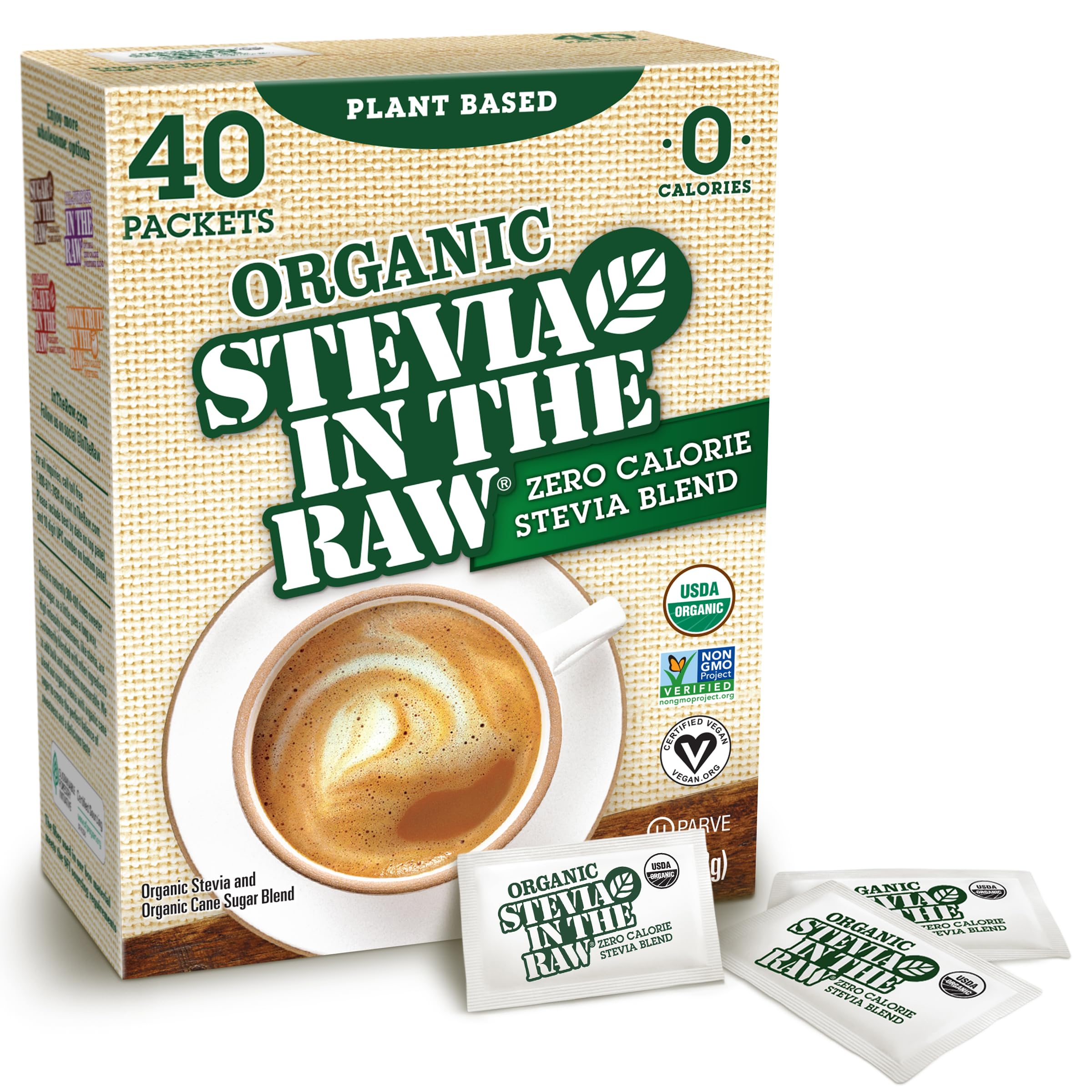 Stevia In The Raw Organic Stevia Sweetener Packets, 40 Ct, Zero Calorie Stevia Sugar Substitute Packets, No Erythritol or Artificial Flavors, USDA Organic, Non-GMO Project Verified, Vegan