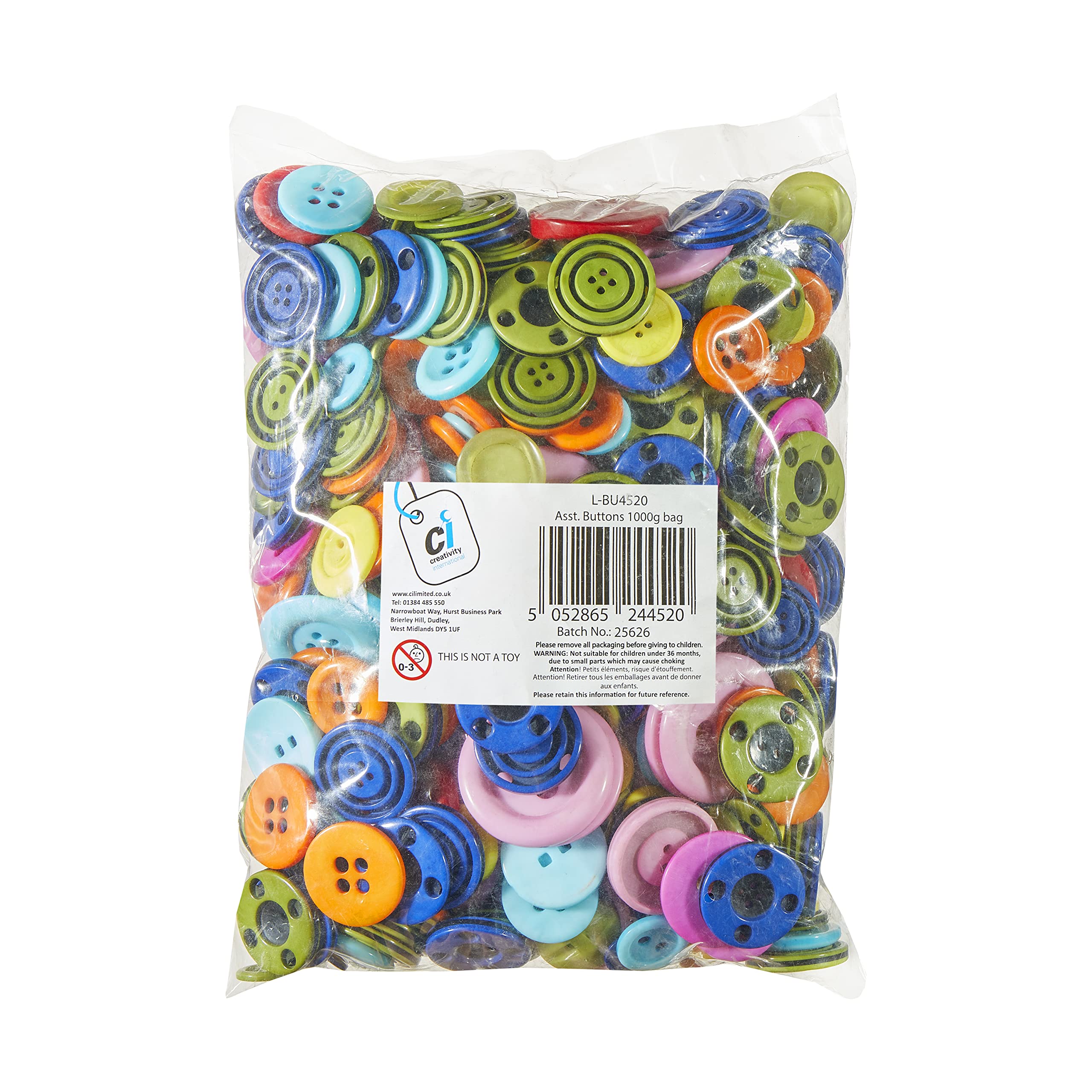 Creativity InspiredButtons Mix Size Pack, 1kg Assorted Fantastic for All Craft Activities, Collage, Knitting, Crochet, Sock Puppets, Counting, Size Sorting, Multi-Colour Colour, 2mm-15mm