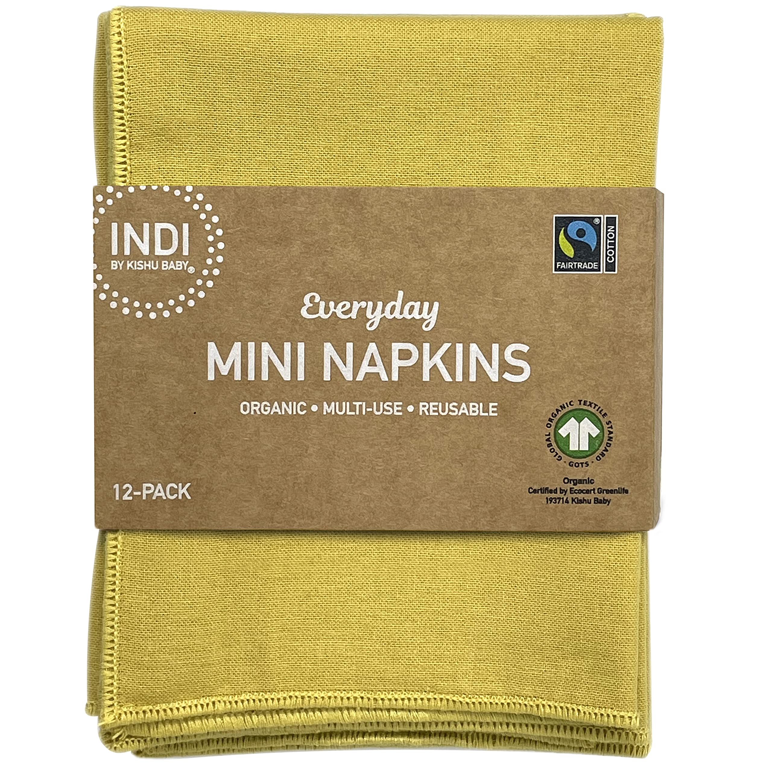 Indi by Kishu Baby - GOTS Certified 100% Organic Cotton Washable Mini Cloth Napkin Sets - Set of 12 Fairtrade Soft Muslin Napkins for All Occasions (Mustard)