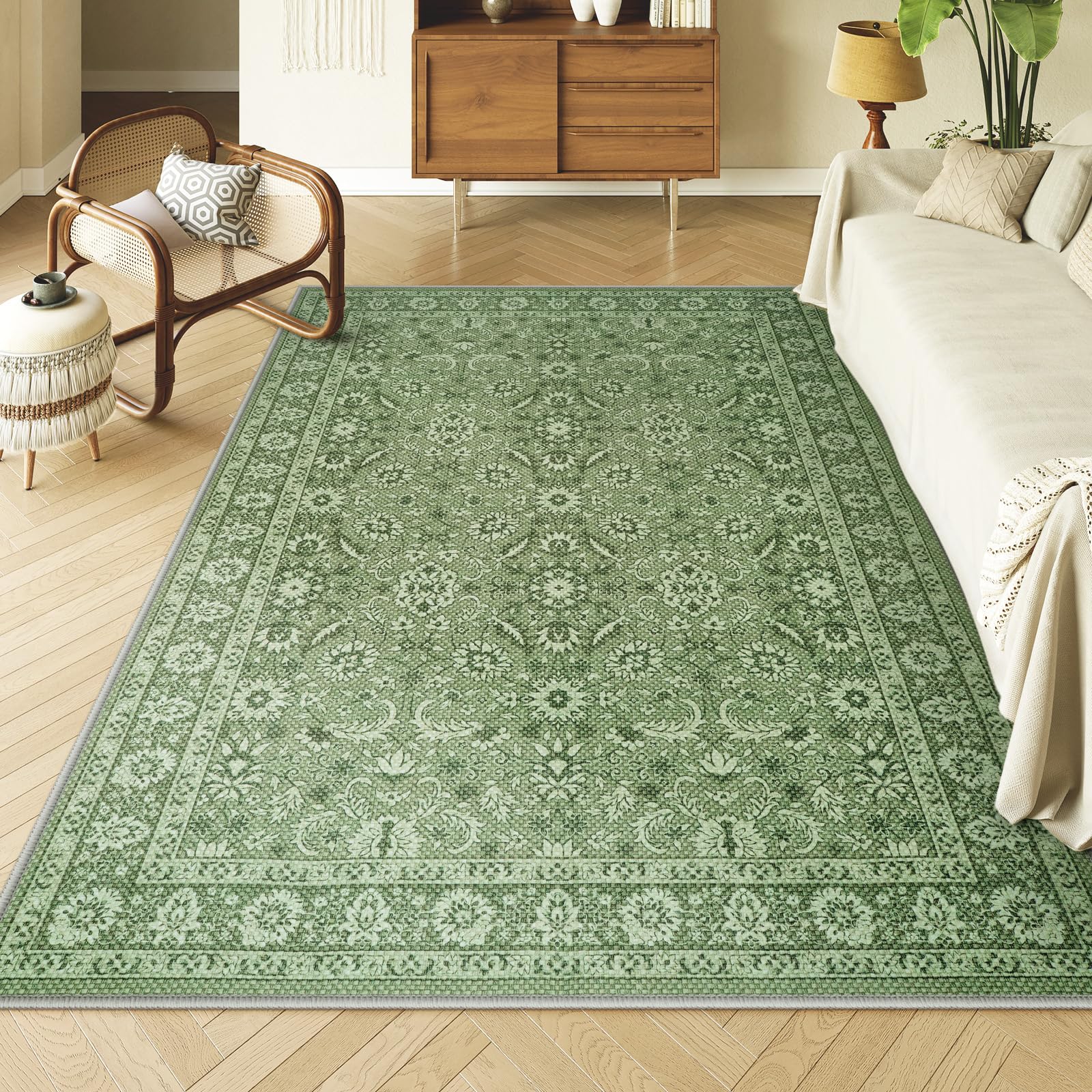 LIVEBOX Washable Green Area Rugs 6x9 - Ultra-Thin Large Light Green Living Room Rug, Non-Shedding Vintage Rug for Bedroom, Non-Slip Distressed Floral Dining Room Rugs for Under Table