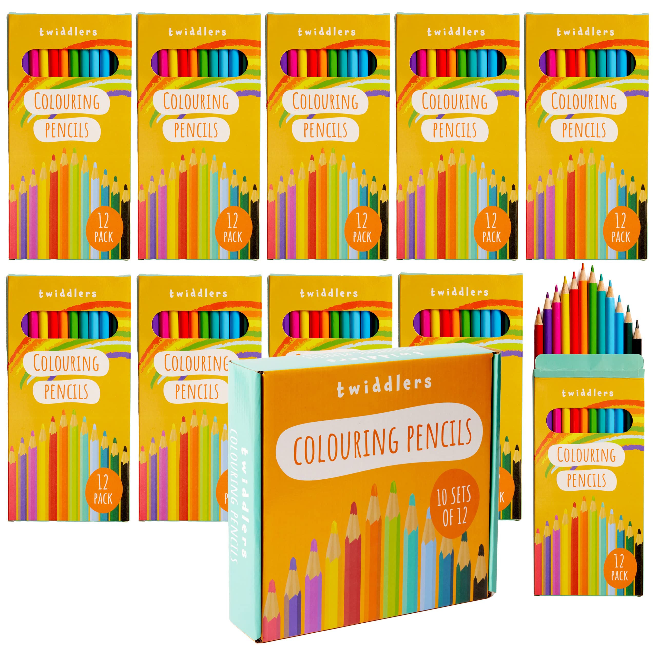 THE TWIDDLERS 120 Colouring Pencils (10 Packs of 12) - Colour Pencil Set for Kids & Adults, Classroom Rewards, Party Favour giveaways, 17.5cm Length Pencil Artistry Set - 12 Colours Included