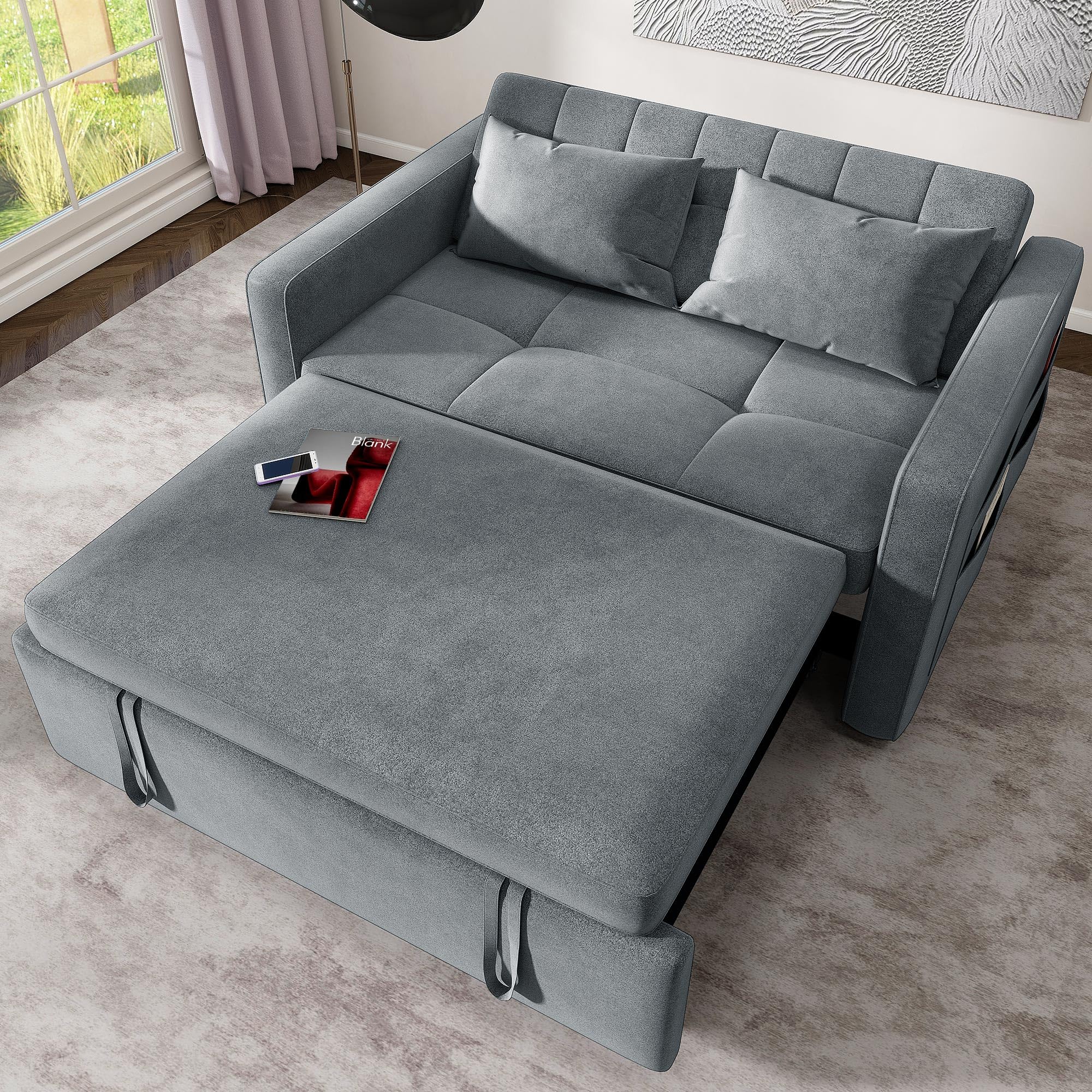 DWVO 55" Convertible Sofa Bed, 3-in-1 Sleeper Sofa with Pull-Out Bed, Velvet Futon Couch with Adjustable Backrest and Side Pocket, Modern Loveseat for Living Room Apartment, Grey