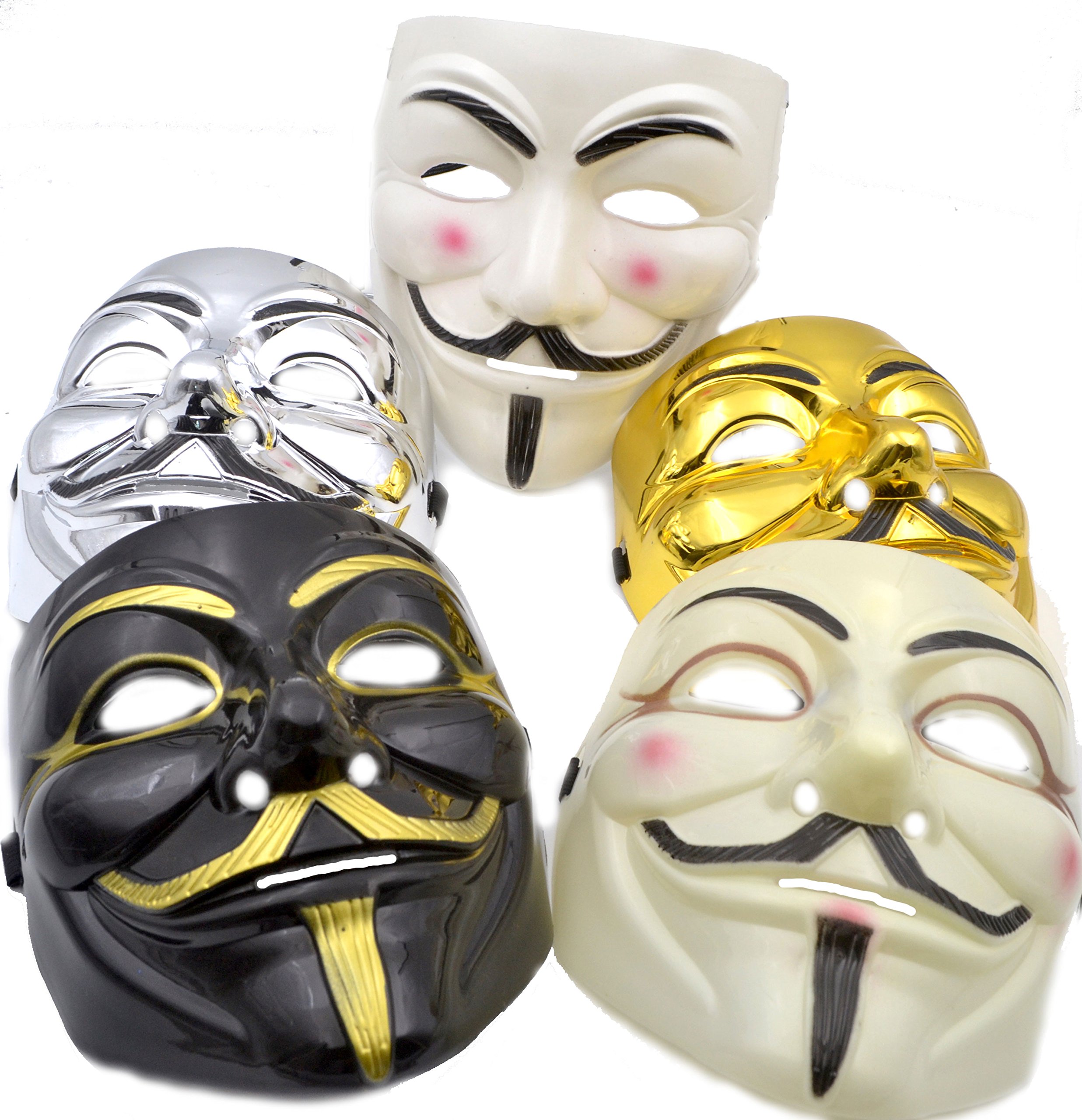 V for Vendetta Mask [5 PACK] Colors as shown - Great for Halloween Costumes (Anonymous/Guy Fawkes) - Mens Mask (Black/White/Gold/Silver/Tan)