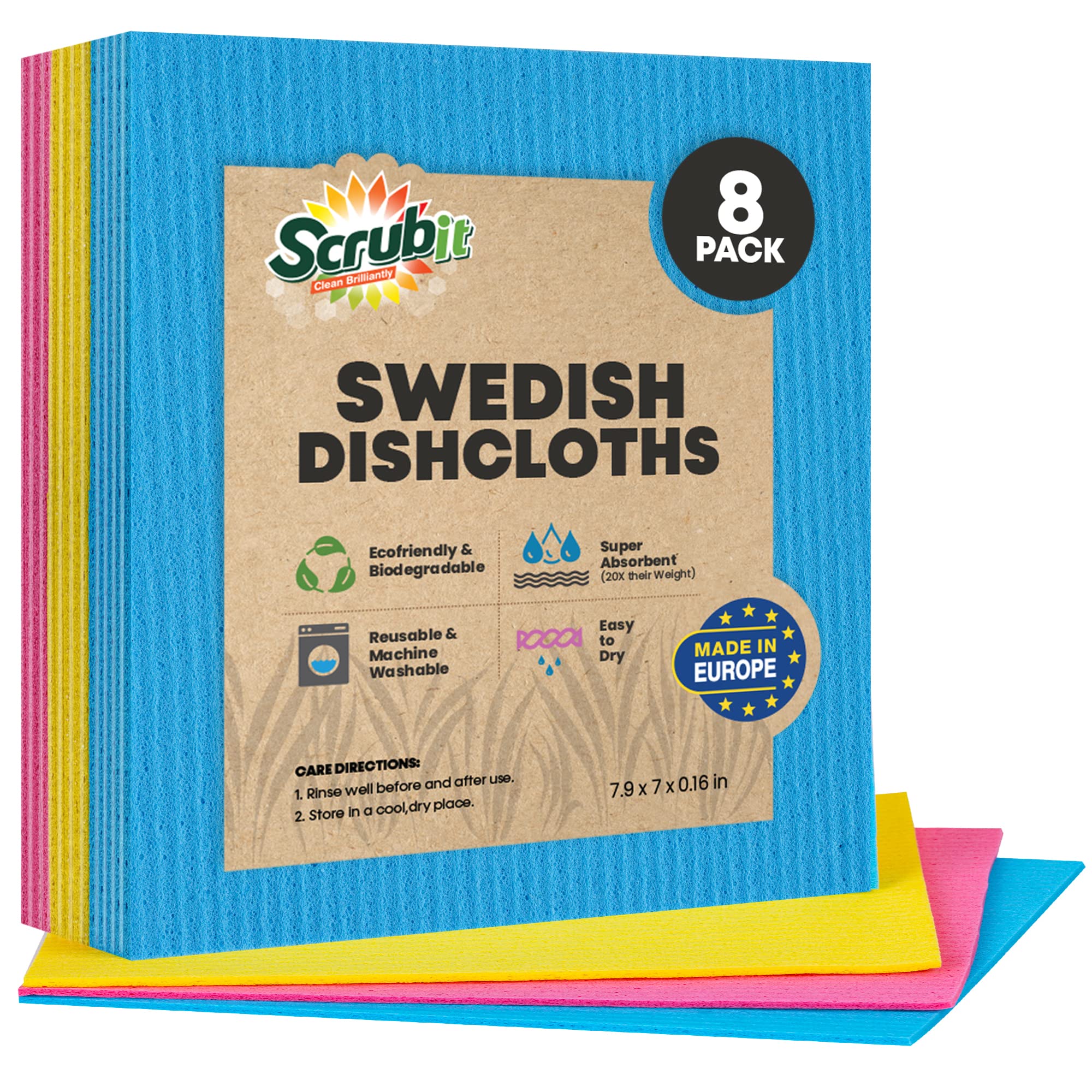 SCRUBIT Swedish Dishcloths for Kitchen - 8 Pack - Ultra Absorbent Paper Towels for Kitchen, Washing Dishes, and More - Reusable Cellulose Sponge Cloths (Assorted Colors)