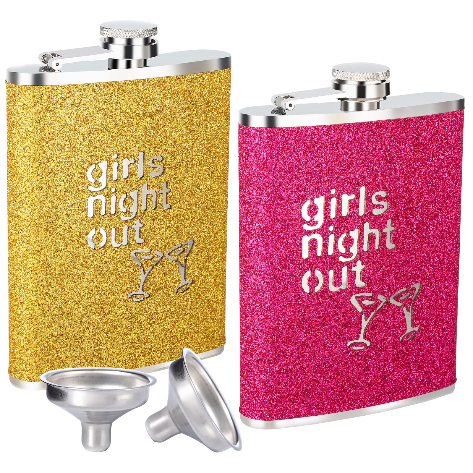 2 Pack 8oz Glitter Hip Flask, Flasks for Liquor for Men Women with Funnel Set, 18/8 Stainless Steel Leak Proof With Colorful Glitter Coating.