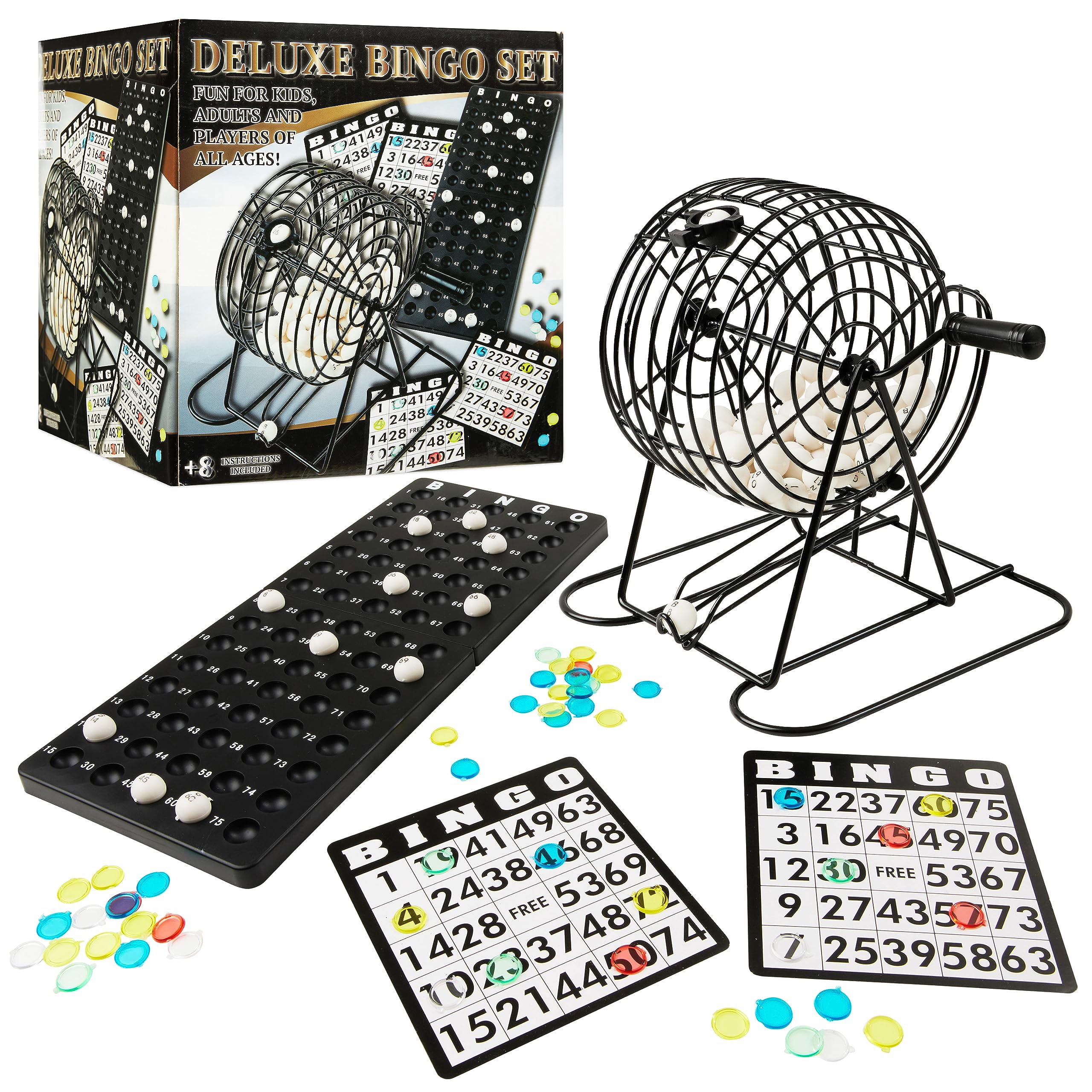 KreativeKraft Bingo Game for Kids and Adults - Family Game Metal Bingo Lotto Cage Numbered Balls Number Board Bingo Cards and Chips - Fun Traditional Games