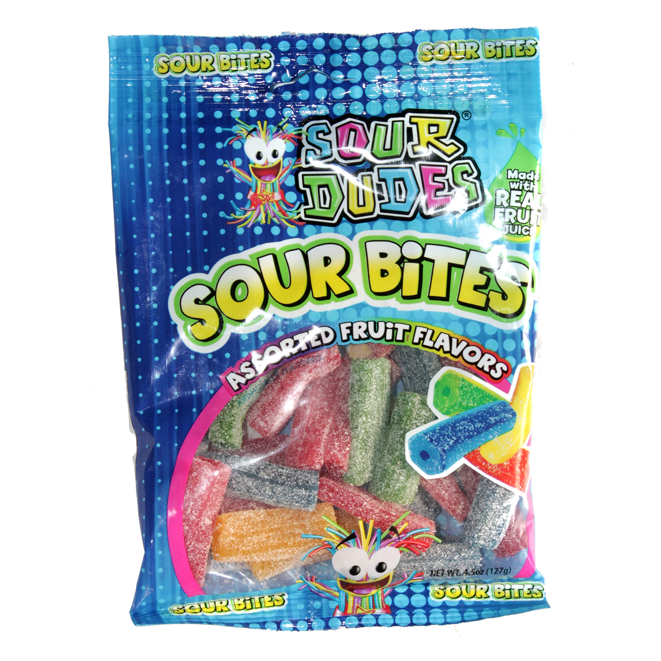 Sour Dudes (1) bag Sour Bites Candy - Assorted Fruit Flavors - Made With Real Fruit Juice 4.5 oz