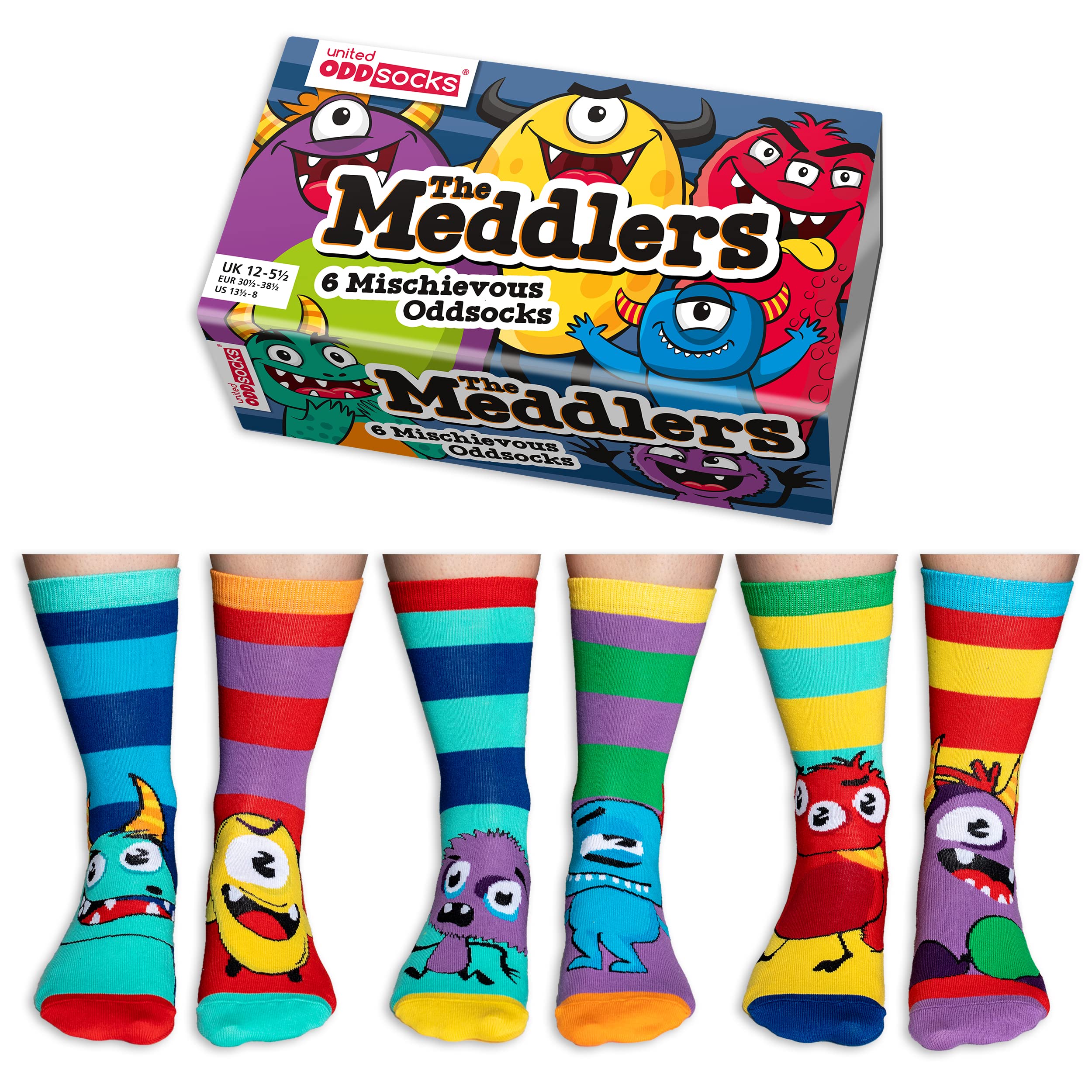 United Oddsocks The Meddlers Box 6 Oddsocks For Boys UK 12-5.5 EUR 30.5-38.5 US 13.5-8