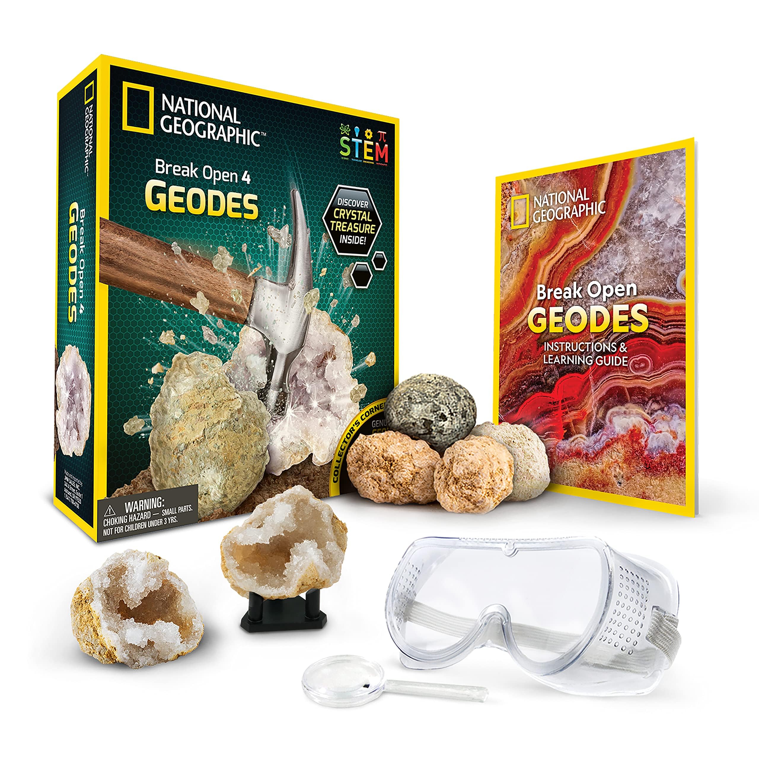 NATIONAL GEOGRAPHIC Break Open 4 Geodes Science Kit – Includes Goggles, Learning Guide, Display Stand, Great Mineralogy & Geology STEM Gift