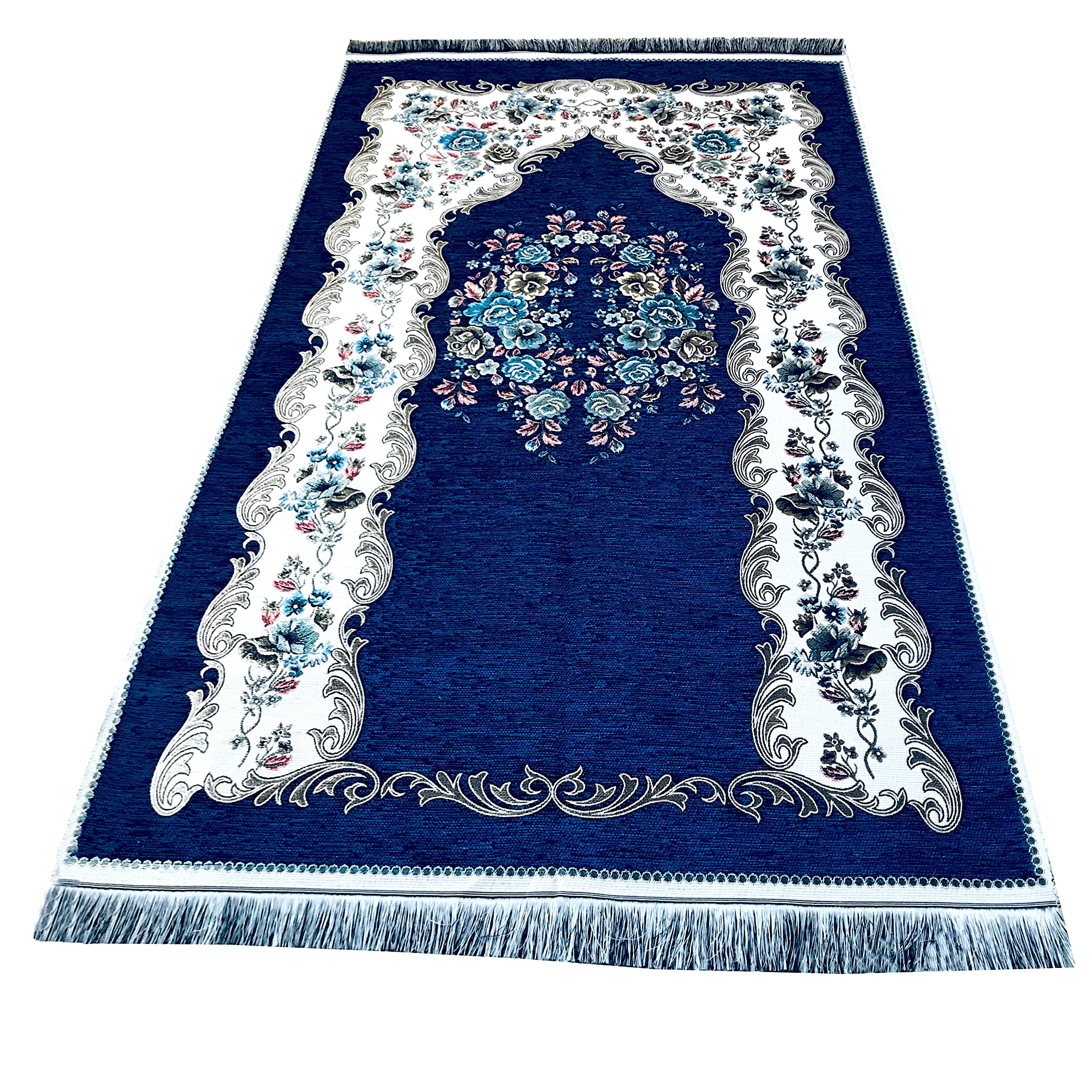 Bazachi Chenille Luxury Prayer Rug | Muslim Prayer Mat - Size 110 x 68 cm - Made in Turkey - Navy Blue (Navy Blue)