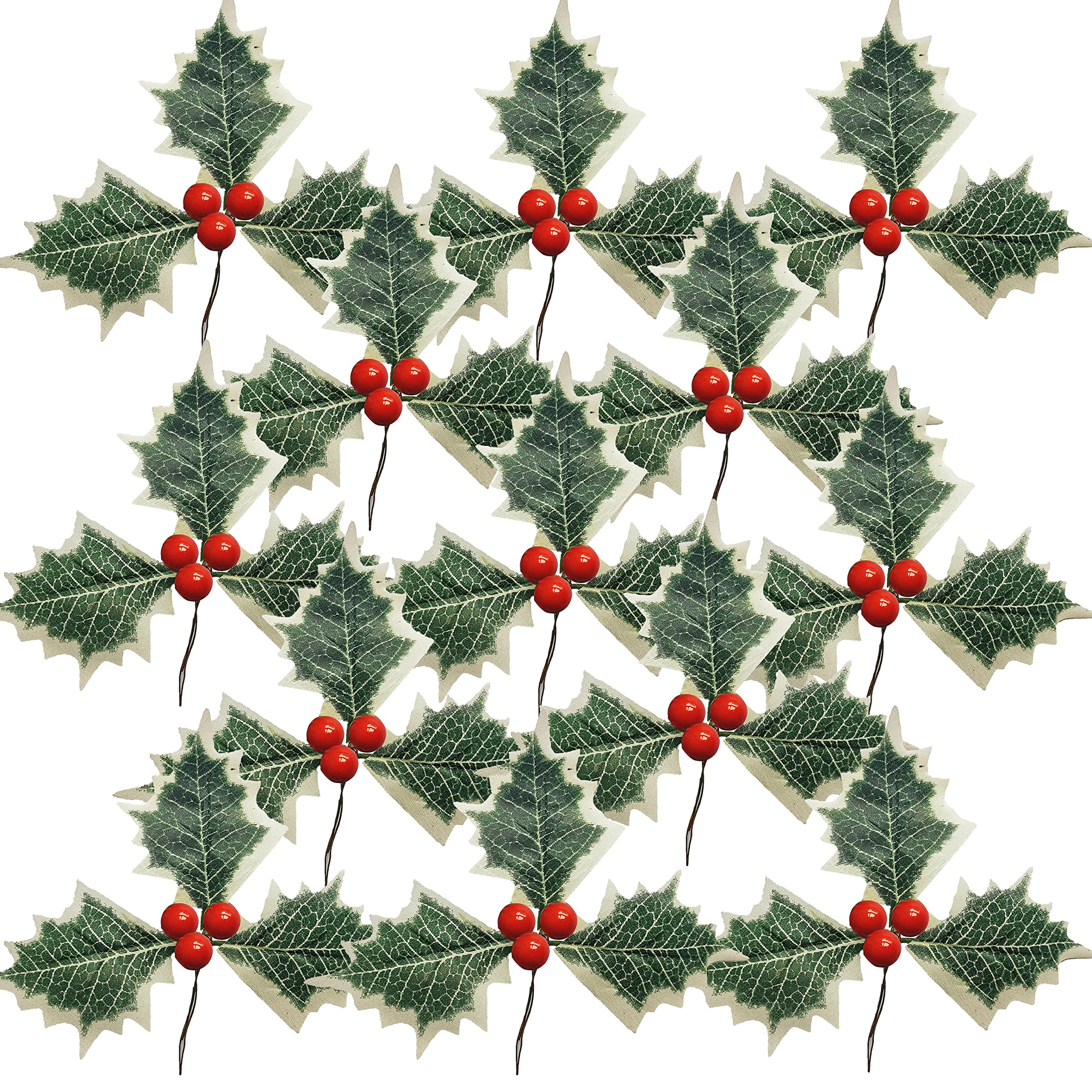 KKSTY 20pcs Artificial Holly Berry with Green Leaves Red Berry for Christmas Tree/Wreath/Gift Box/Table/Home Wedding Party Festive Craft Decorations (Red)