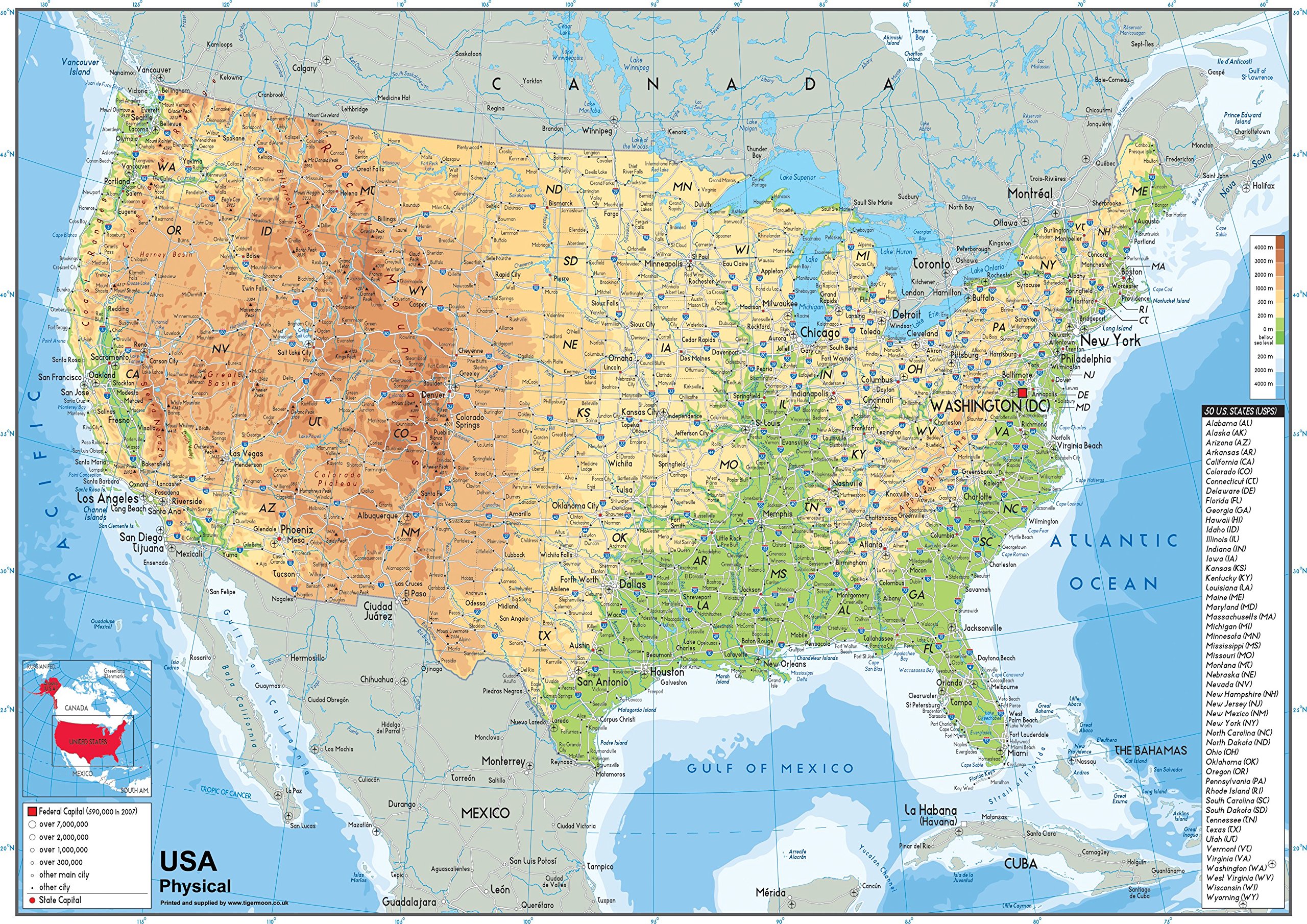 USA Physical Map - A0 Size 84.1 x 118.9 cm - Paper Laminated