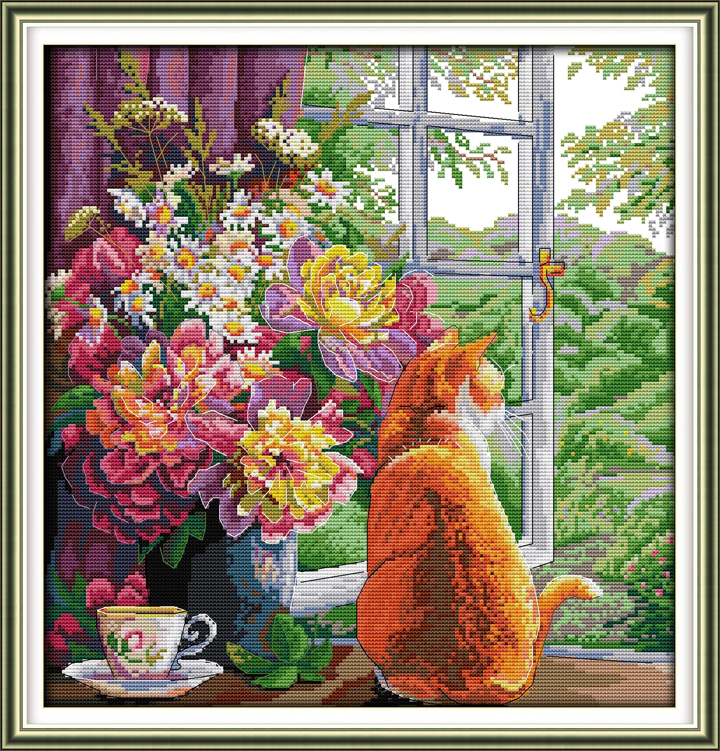 Joy Sunday Top Chinese Cross Stitch Kits Gift 14CT Stamped Kits Printed Kits Starter Embroidery Kits Easy Patterns for DIY Embroidery(16.1×16.5 inch) - Flower and Cat