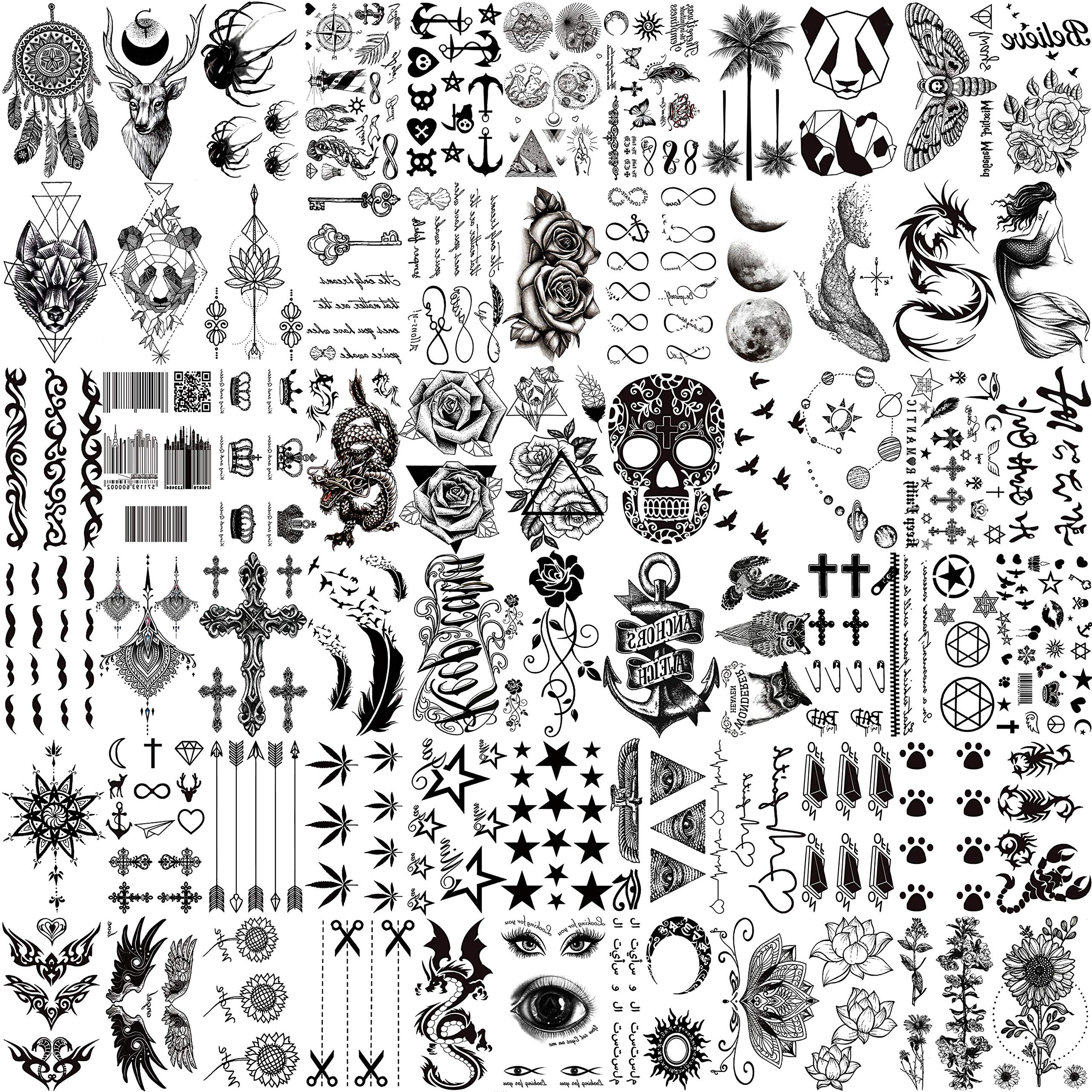 VANTATY66 Sheets 3D Small Black Temporary Tattoos For Women Men Waterproof Fake Tattoo Stickers For Face Neck Arm Children Flower Birds Star Realistic Tatoo Kits For Boy Girls Adults