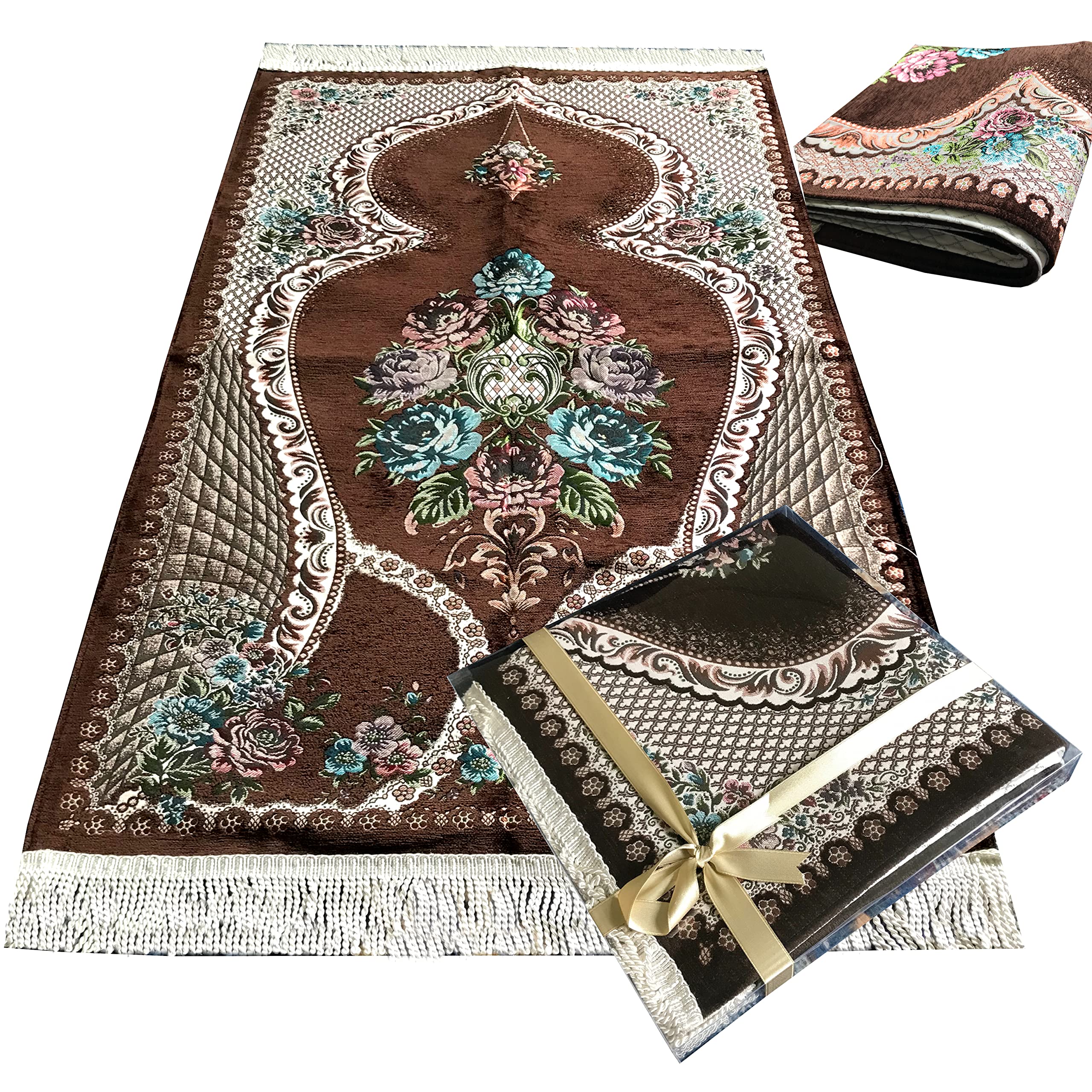 bazachi Premium Quality, Embroidered Floral Prayer Rug (950g) Lined Thick Prayer Mat/Janamaz with Gift Box (Coffee)