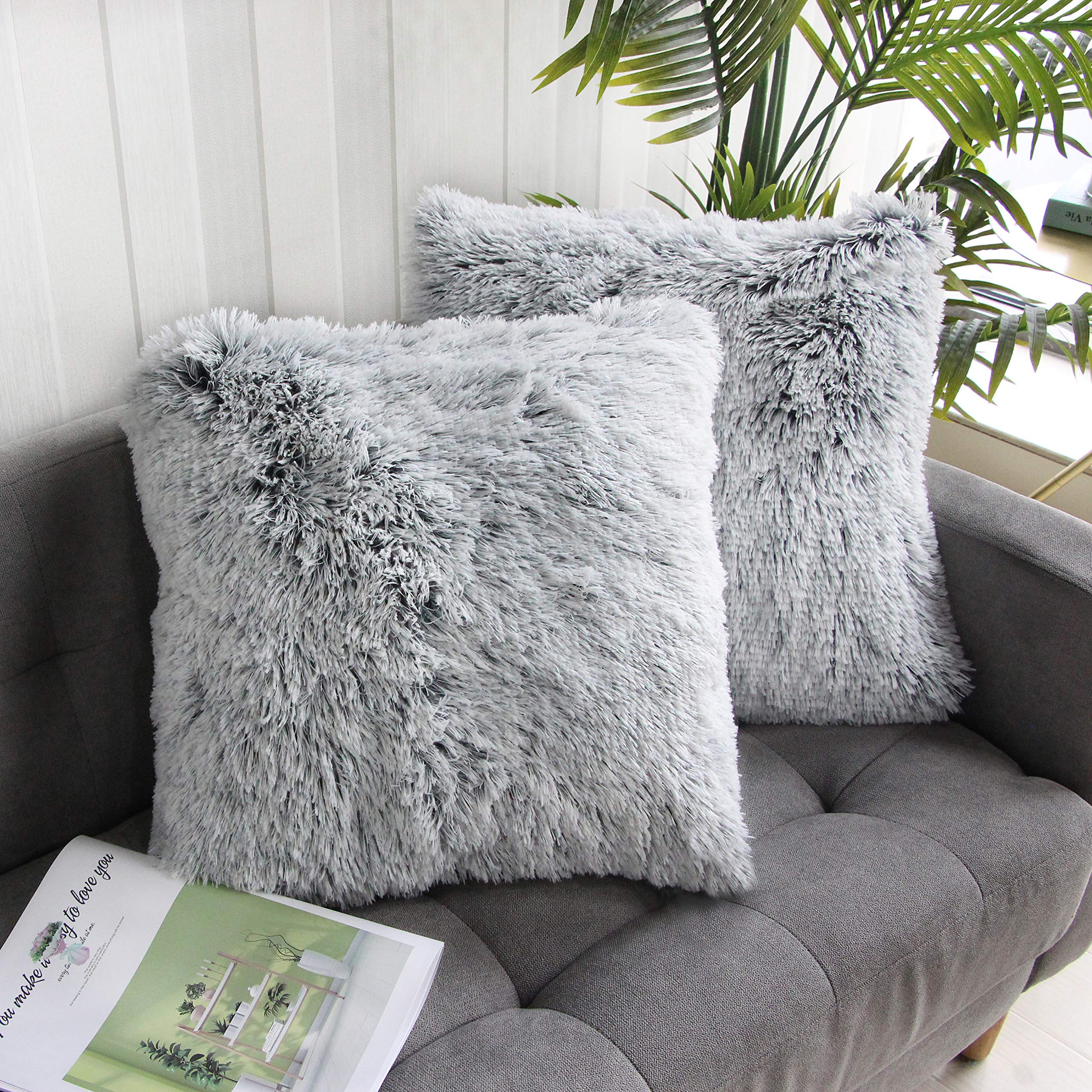 Uhomy 2 Packs Home Decorative Luxury Series Super Soft Faux Fur Throw Pillow Cover Cushion Case for Sofa or Bed Gray Ombre Fluffy Double Side, 18x18 Inch 45x45 Cm