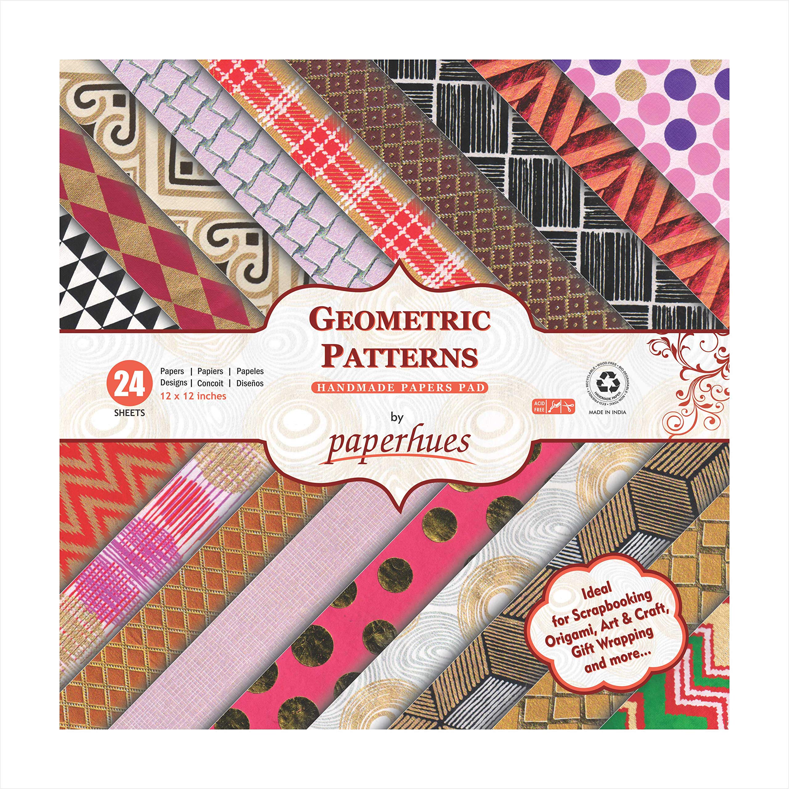 Paperhues Geometric Patterns Scrapbook Papers 12x12" Pad, 24 Sheets.