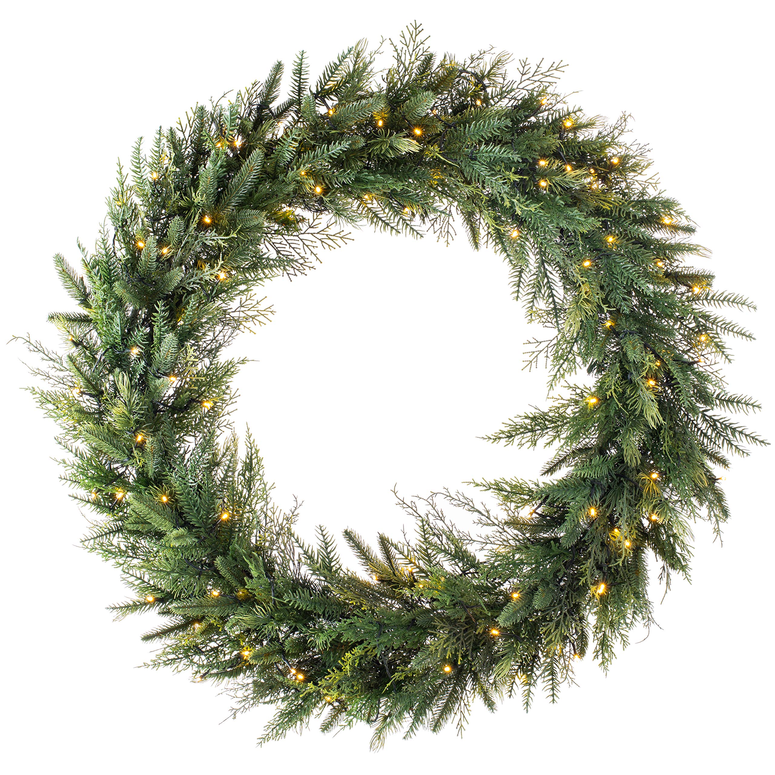 WeRChristmas Pre-Lit Natural Fir Christmas Wreath Decoration, 100 Warm White LEDs, Green, 1 m